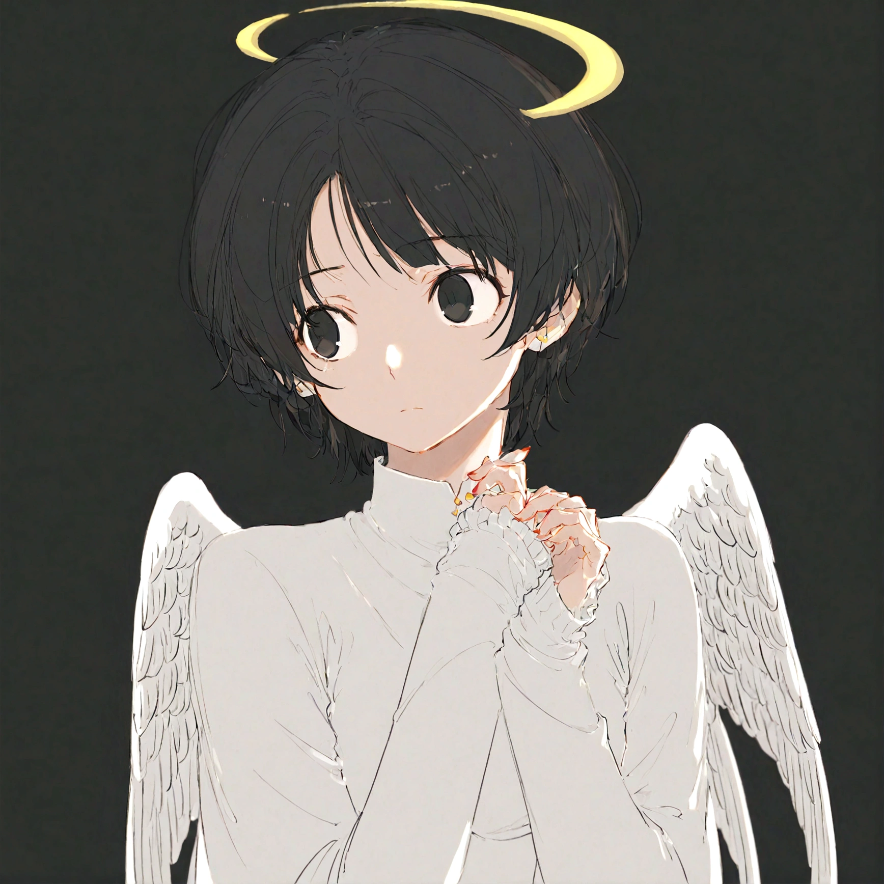 Black Hair,short hair,black eye,Angel's wing,Black clothes,Gender unknown,Expressionless,The lines are a little rough,No breasts