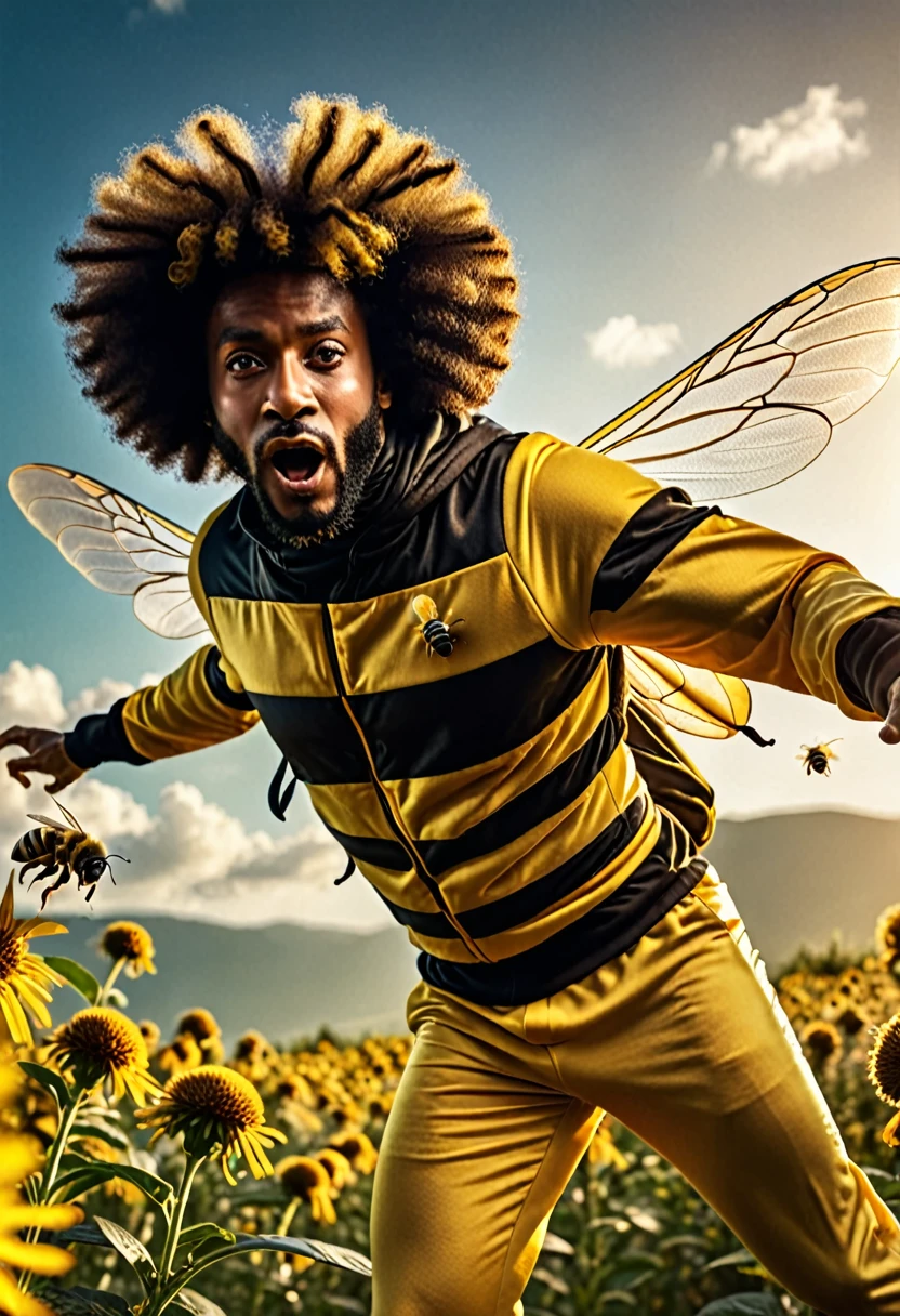 a man in a bee costume with an afro flying away, detailed face, detailed clothing, photorealistic, dramatic lighting, high quality, cinematic, vibrant colors, nature background, motion blur