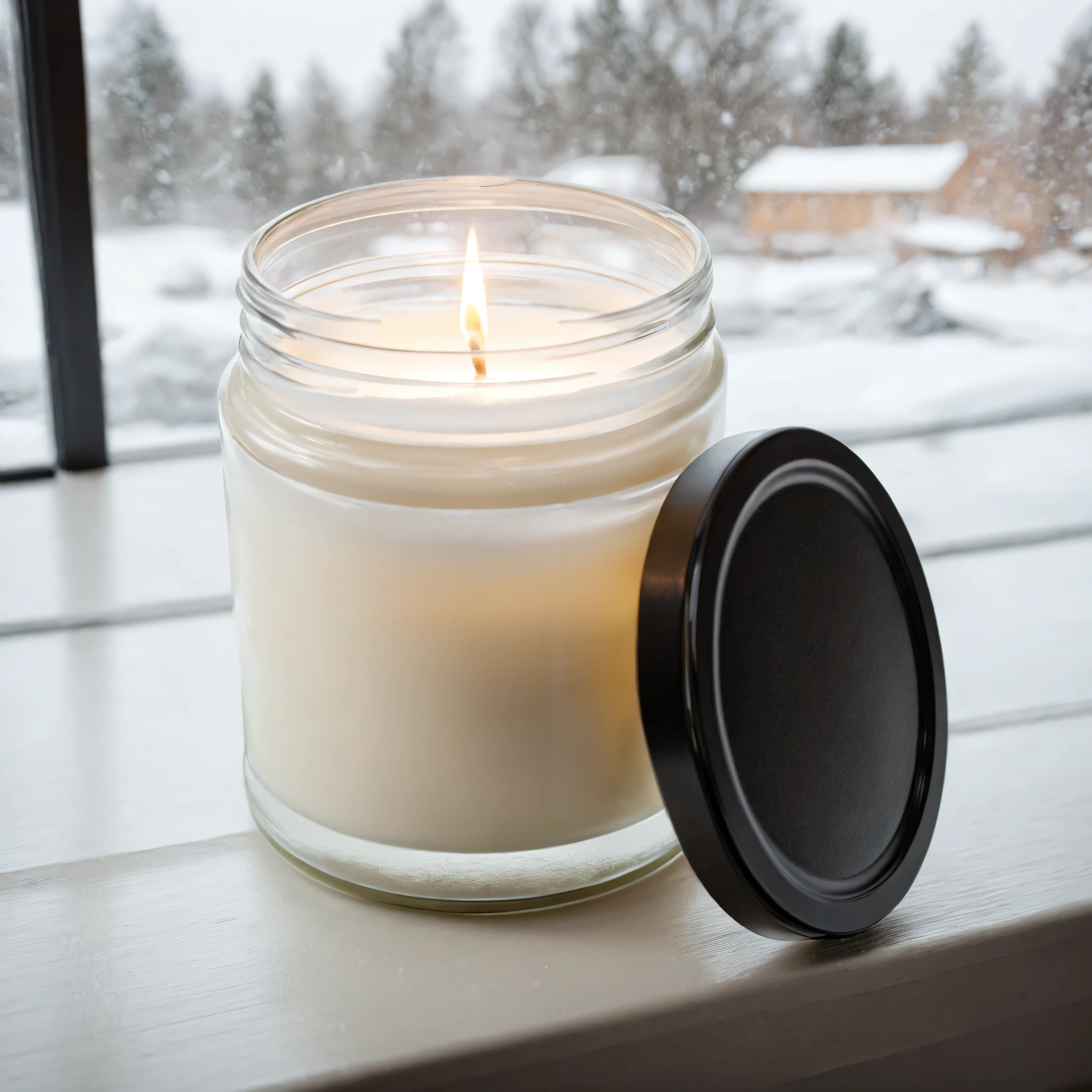 Mockup empty, a blank small beige candle in a jar with white label and black lid standing on a window sill with snowy winter in the background, diffused light, a7s camera, 50mm lens