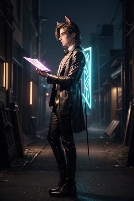 human Sorcerer secret agent, full body, wearing an elegant suit made with fine fabric and with magic circuits, holding in both hands a sword with a long handle with magical carved details glowing, whole rabbit ears, human face, glowing eyes, RPG fantasy, tanned skin, neon punk, art book, Studio ghibli, wide setting, in the middle of a magical cyber punk retro metropolis, magical light reflected in the hair and ear, aura of light, stylish pose, side view