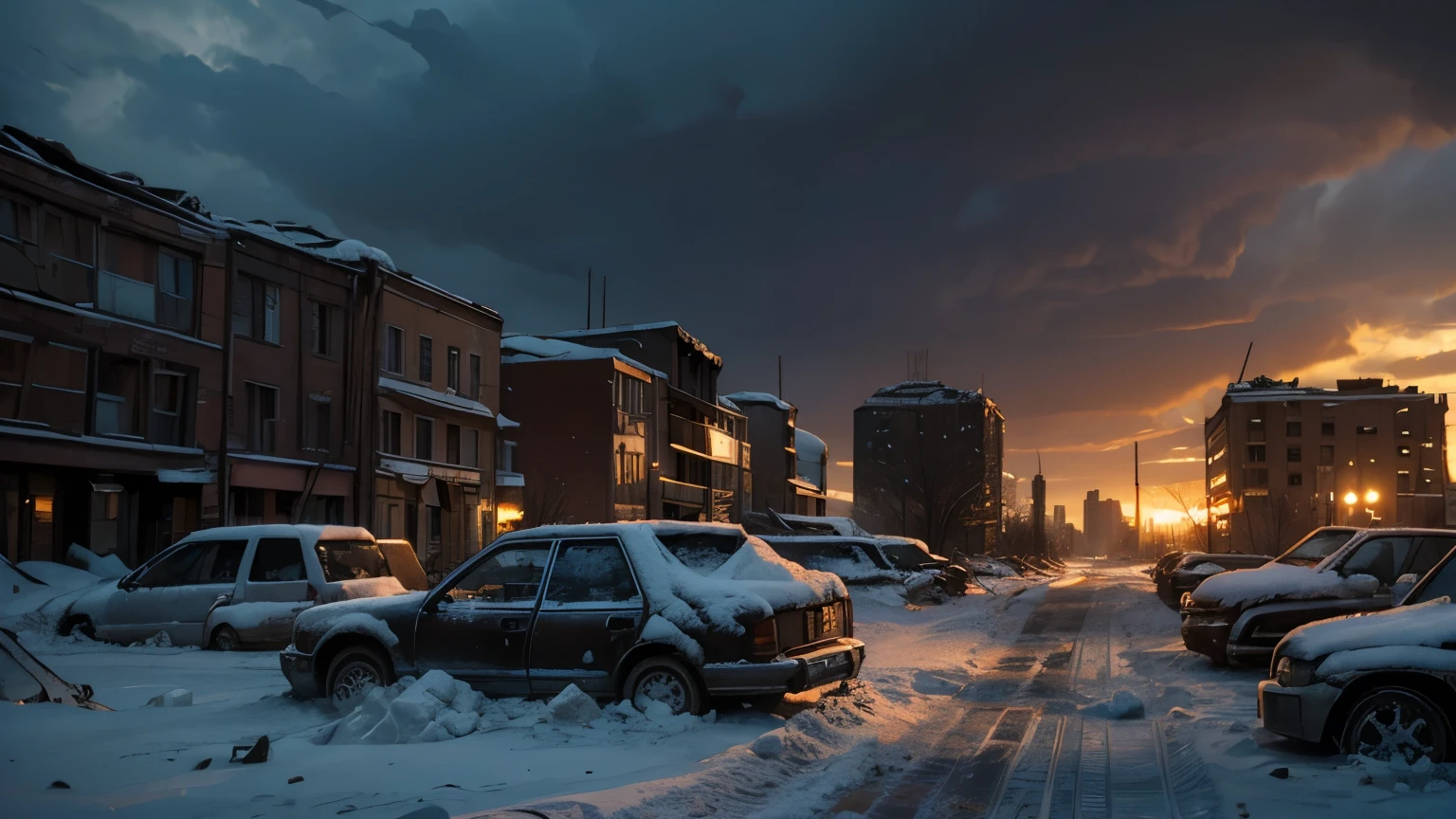 Dramatic lighting, chiaroscuro, post-apocalyptic, view from ground level, ruined Russian city, buildings completely destroyed, lifeless, deep snow, glass ground, ground melted into glass, broken vehicles, mangled wreckage, glass splinters, refracting light, snow, ice, stormy sky at dusk