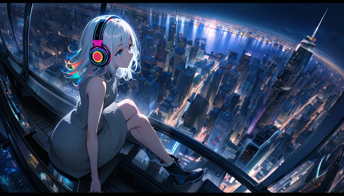 Handsome cute, Solitary, 1 female, Medium Length Hair, white hair, Rainbow hair, blue Eyes, Rainbow headphone, knit dress, Futuristic, New York panoramic, in the night, looking away, Sit high up and look out at the scenery,