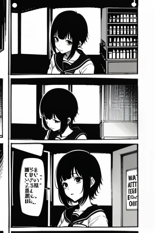 Girl with short black hair and bangs depressed and giving up, full body shots, manga page with panels and dialogue 
