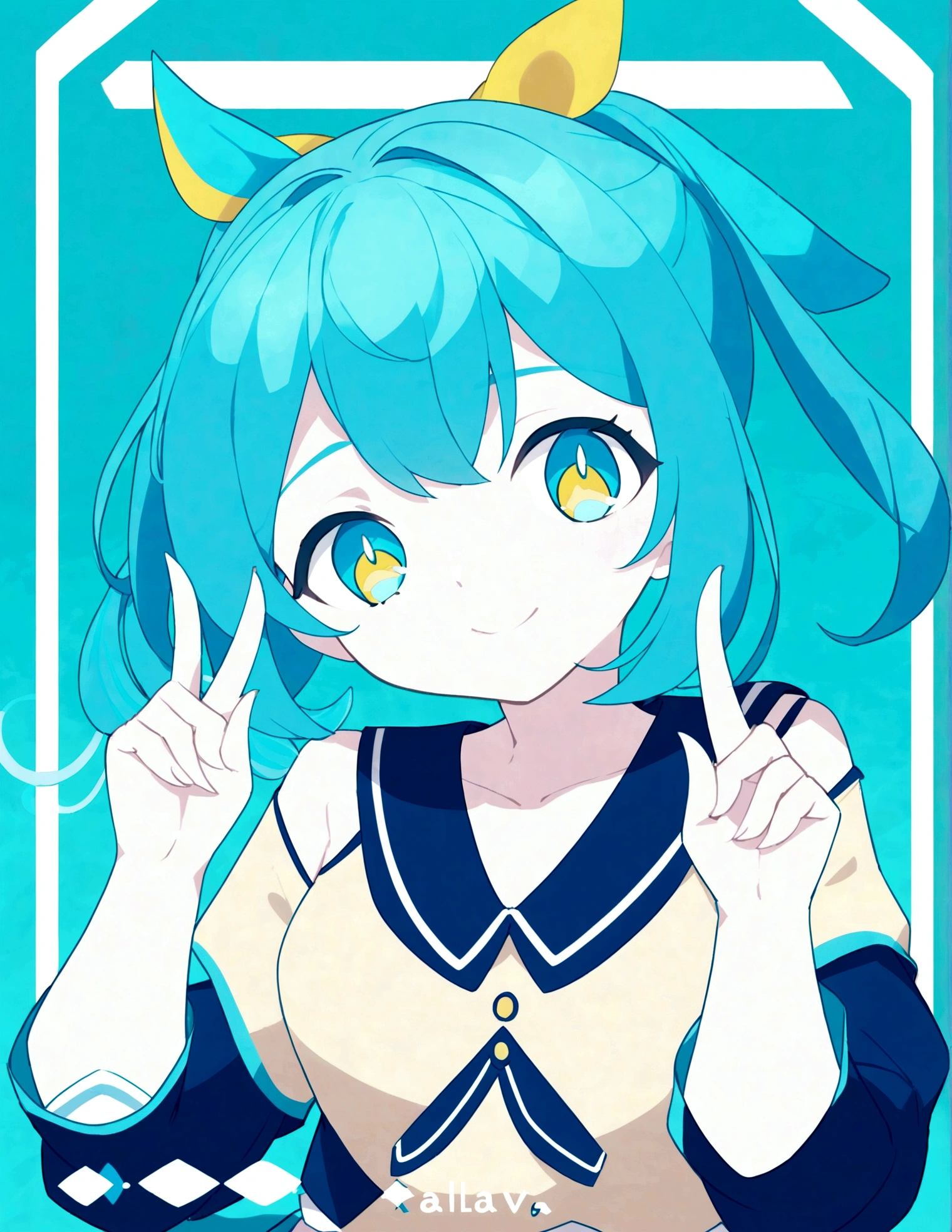 She has bright blue hair styled in twin tails with a yellow ribbon, sparkling blue eyes, a cheerful look that makes a peace sign, and wears a navy sailor-style top with a white collar. Anime style illustration