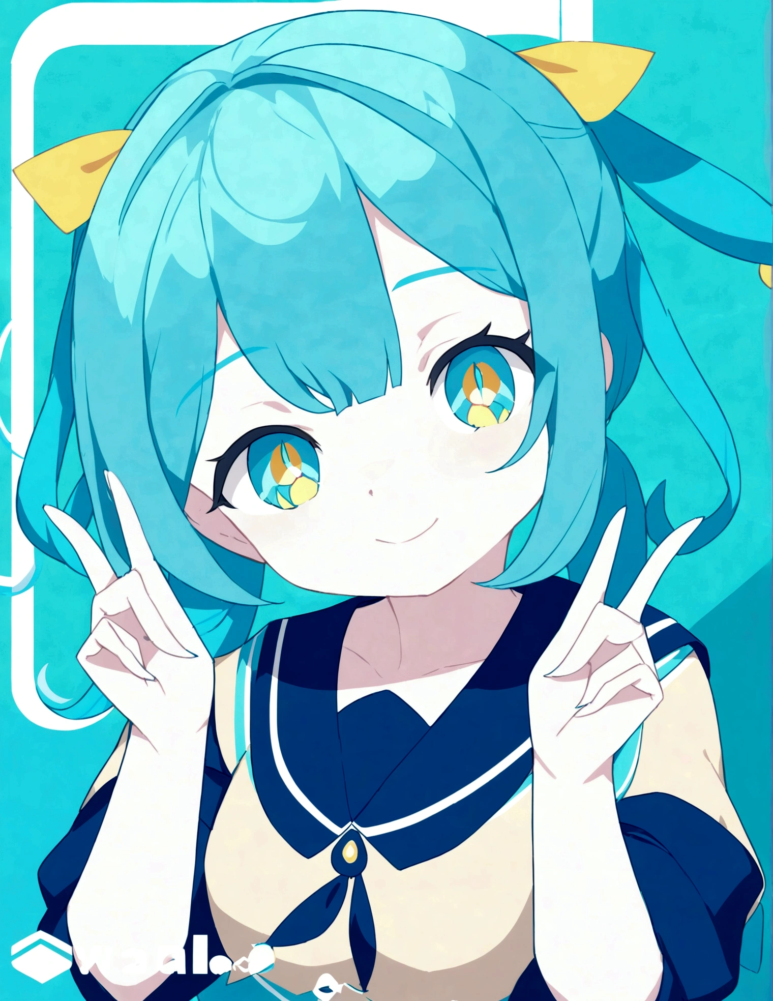 She has bright blue hair styled in twin tails with a yellow ribbon, sparkling blue eyes, a cheerful look that makes a peace sign, and wears a navy sailor-style top with a white collar. Anime style illustration