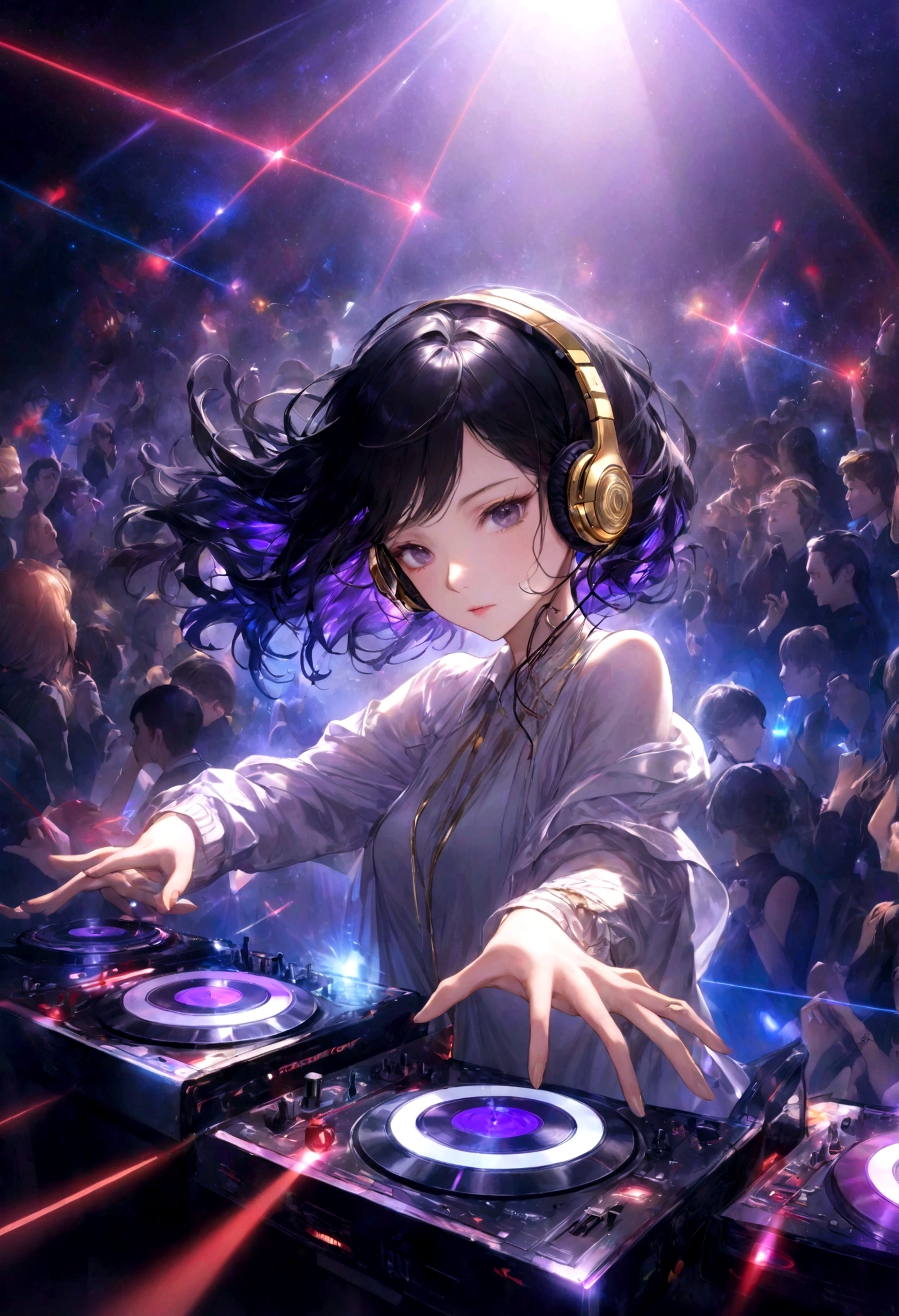 ,Put on your headphones,(Black Hair Girl),,DJ,DJ Booth、Riding the music、club、((Night Live House、Red laser light、Blue laser light、random laser point、Virtual space、Golden laser beam、Purple laser light、DJ、Live Stage))