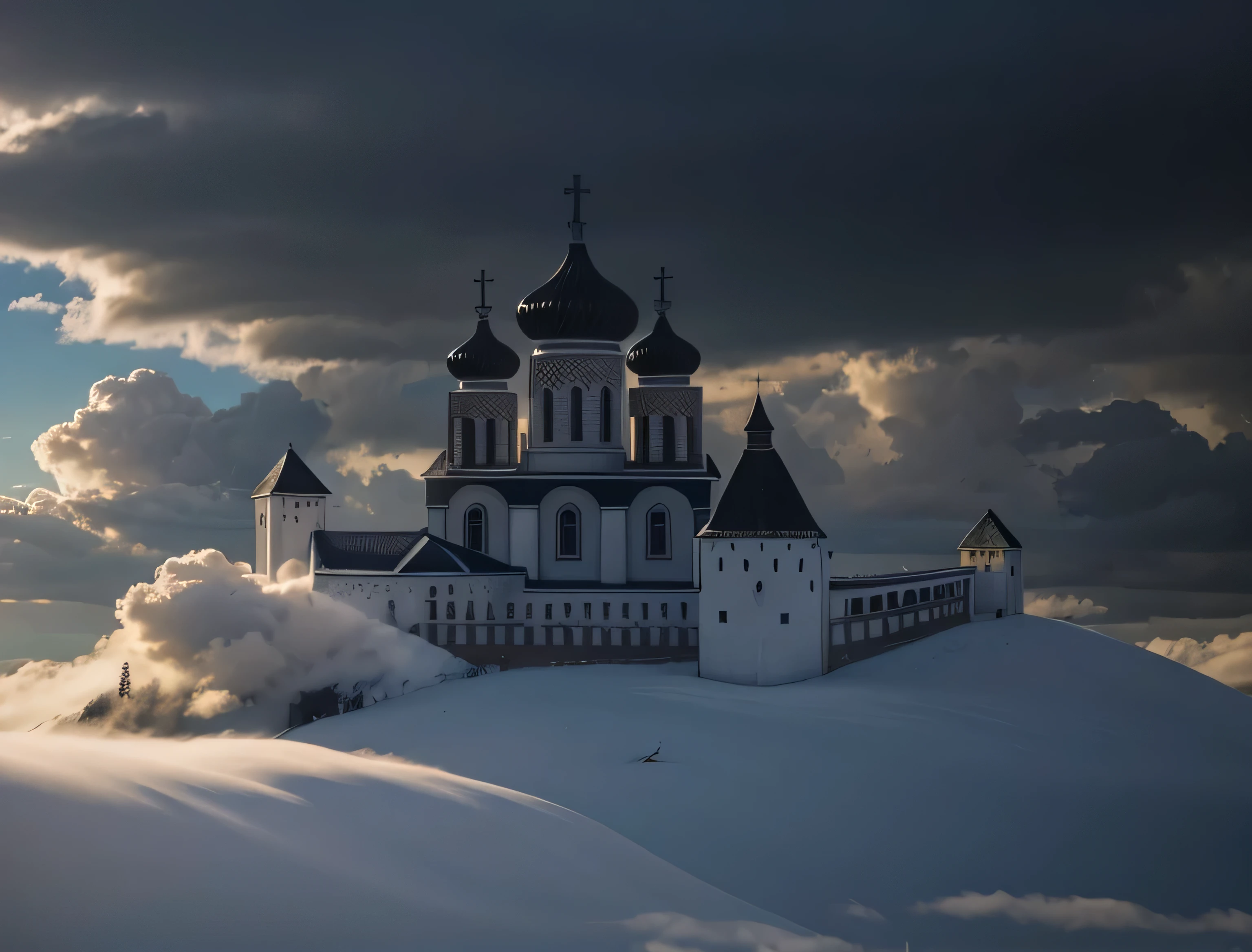 Realistic church with windows on the mountain, clouds