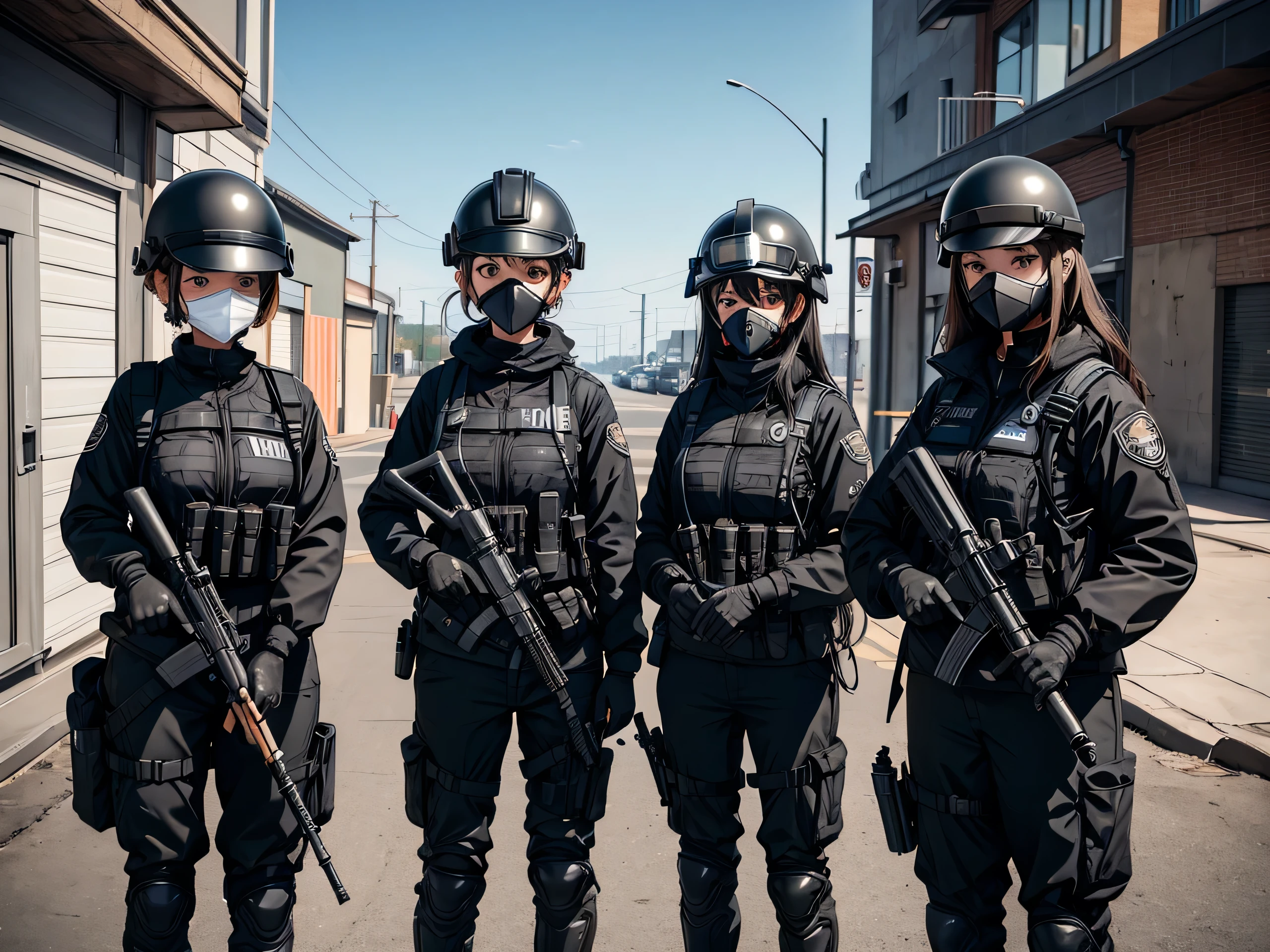 Four women wearing black helmets、Standing guard at the front、Wearing a gas mask、Wear goggles、Wearing black M-51 police uniform、Write details、masterpiece、best quality、Highly detailed CG、8K picture quality