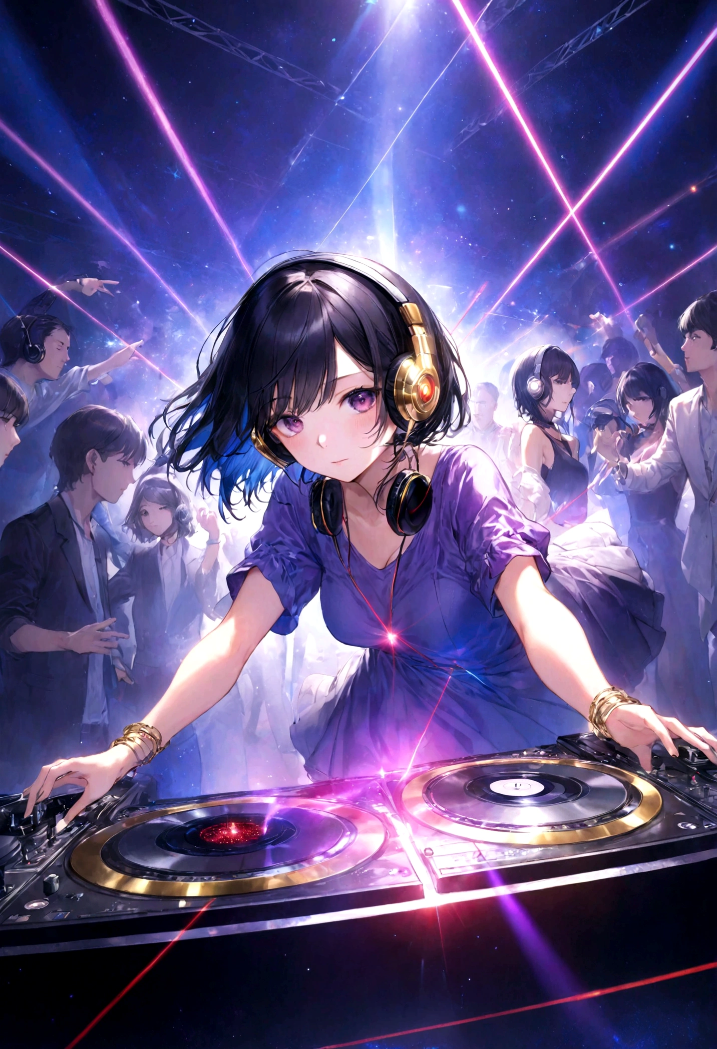 ,Put on your headphones,(Black Hair Girl),,DJ,DJ Booth、Riding the music、club、((Night Live House、Red laser light、Blue laser light、random laser point、Virtual space、Golden laser beam、Purple laser light、DJ、Live Stage))