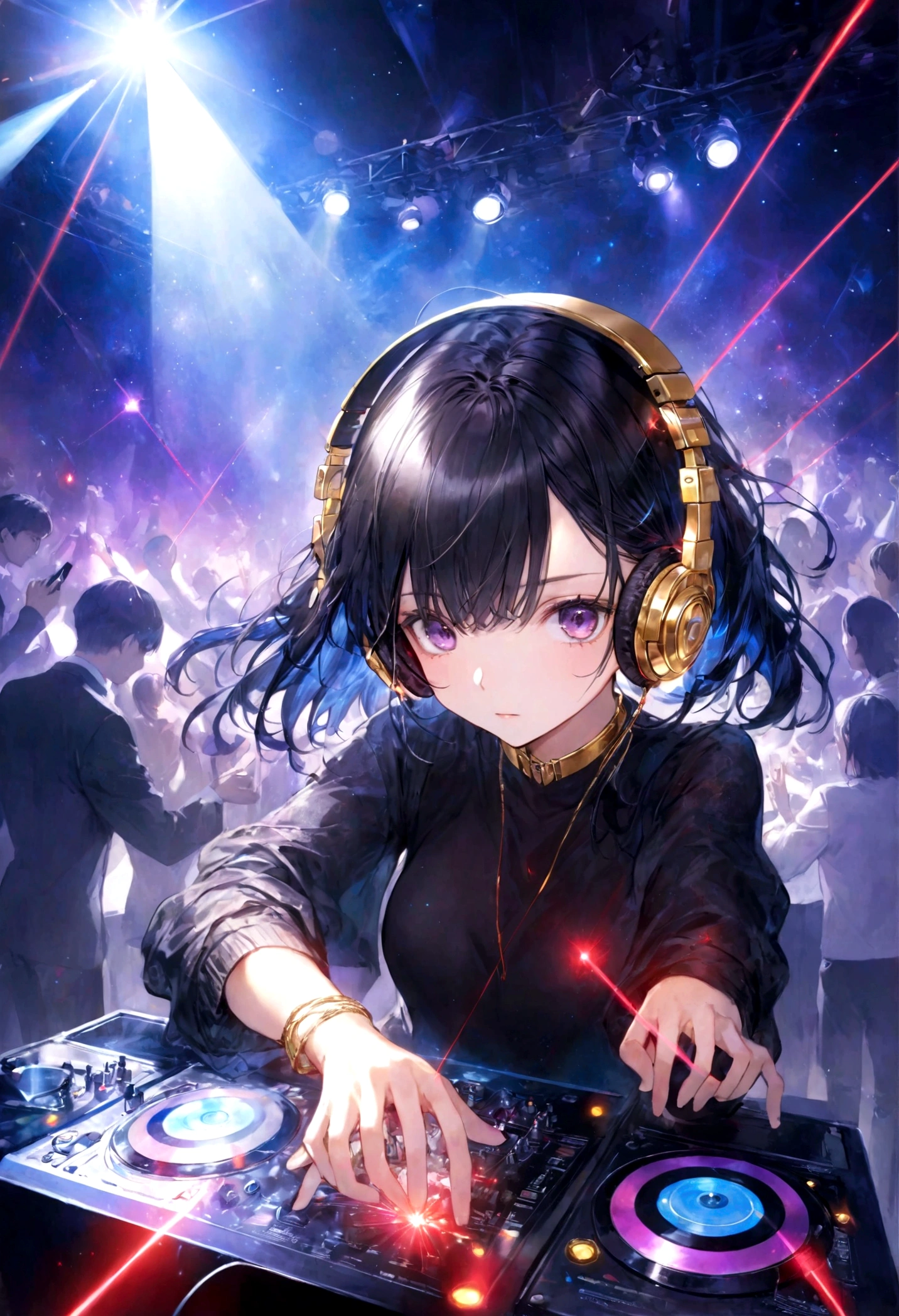 ,Put on your headphones,(Black Hair Girl),,DJ,DJ Booth、Riding the music、club、((Night Live House、Red laser light、Blue laser light、random laser point、Virtual space、Golden laser beam、Purple laser light、DJ、Live Stage))