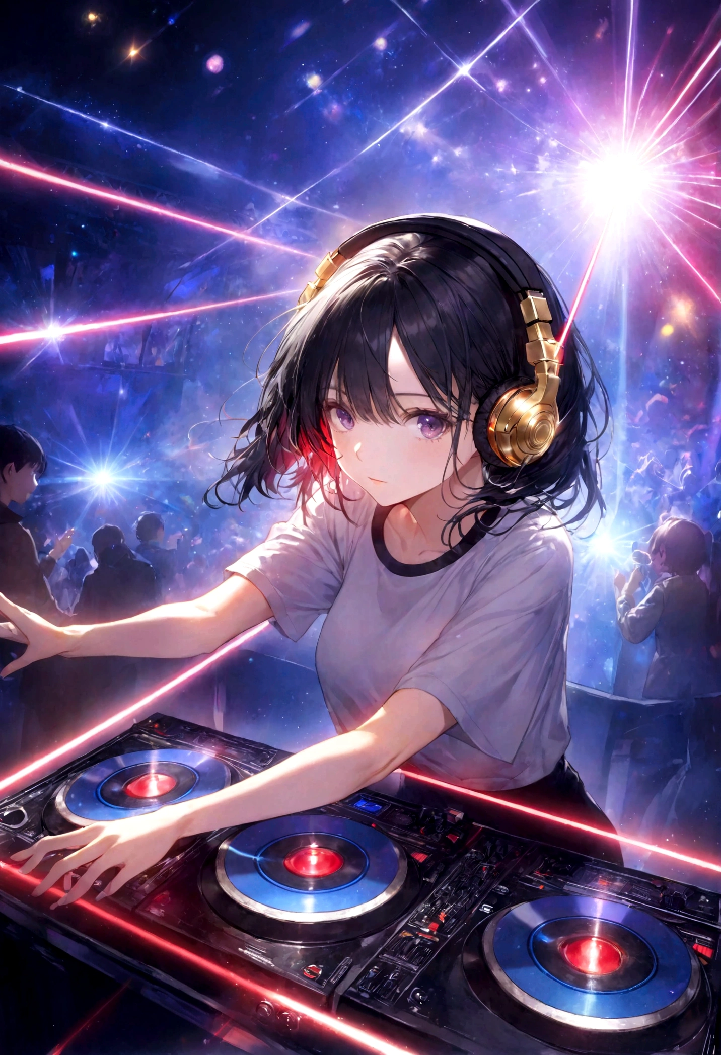 ,Put on your headphones,(Black Hair Girl),,DJ,DJ Booth、Riding the music、club、((Night Live House、Red laser light、Blue laser light、random laser point、Virtual space、Golden laser beam、Purple laser light、DJ、Live Stage))