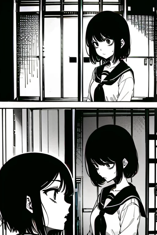 Girl with short black hair and bangs depressed and sitting in a corner, full body shots, manga page with panels and dialogue 