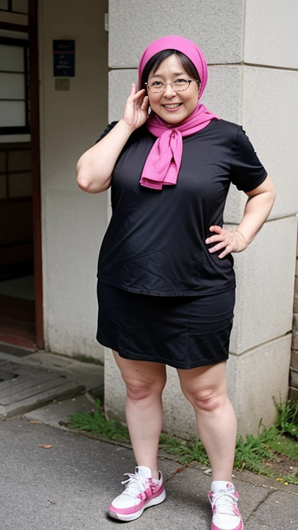 A Japanese mature woman wearing a headscarf, Adults aged 50，Short skirt, sports shoes, Glasses, Hot Pants, Mature and plump, plump woman, Clean and smooth pictures, all star, high quality, best quality, good vibes, nice, 