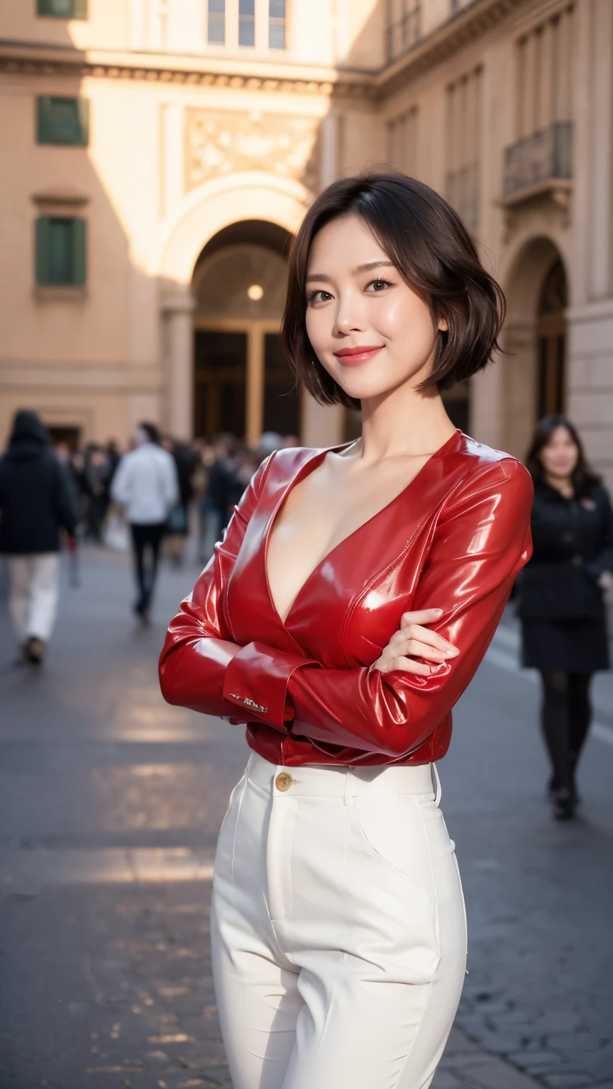 最high quality, In 8K, Masseter region, Vibrant, Sharp focus, high quality, High resolution, Detailed face, fine grain, Red lips, (Observe the audience), alone, Beautiful woman, 38 years old, (Very short black hair:1.3)、（Bob Hair）、（Standard body type）、（D cup breasts）、 Cleavage, , afternoon、（Italy、Milan、The square in front of the church:1.5）,(Sit on a bench:1.5)、（Bright Red Latex Dress:1.6）、（Knee-length skirt:1.6）、（Black pumps:1.5）、（The best smile:1.3）、