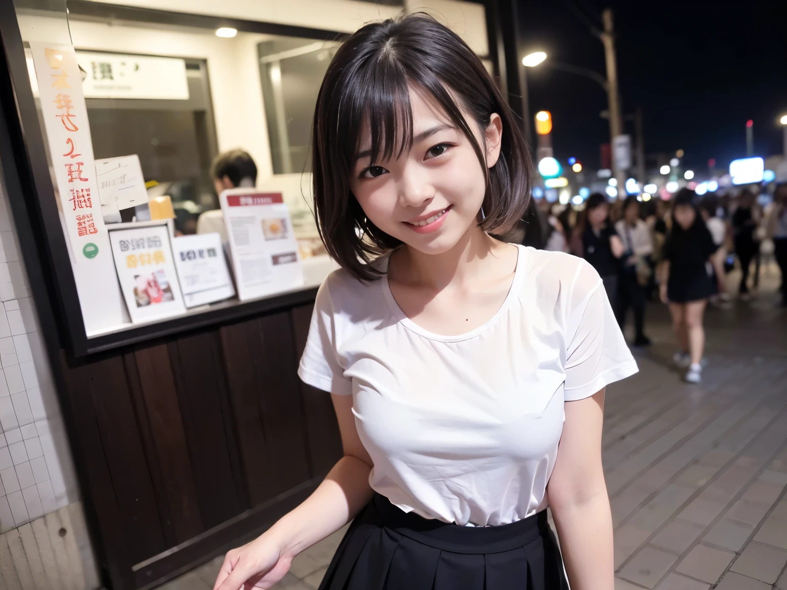 1 girl, Tokyo Street, night, Cityscape, City lights, Short-sleeved T-shirt,Pleated skirt, smile, (8k, RAW Photos, highest quality, masterpiece: 1.2), (Genuine, photoGenuine: 1.37),Short Hair、Shortcuts,smile,Idol,