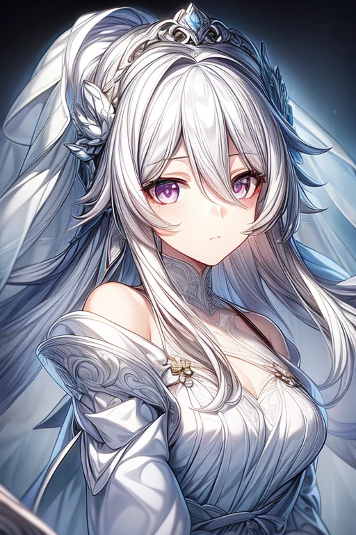 (masterpiece, best quality, perfect face, expressive eyes), 1girl, (anime), (adult), long white hair, silver eyes, white dress, hair ornament, white veil, intricate details, 