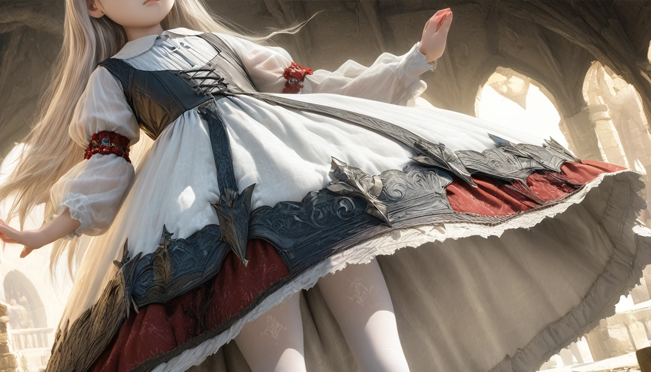 (Highly detailed CG Octane render 8k wallpaper), 8 year old girl underwear, Realistic panties made of patterned cotton fabric, Medieval long dress with panniers, Fabric Realism, Low Angle, You can see the drawer, Pull up the dress by hand, Strong winds, Translucent slip, Translucent slip, tights, highest quality, whole body, Skirt lining, Strong winds, Translucent embroidered drawers
