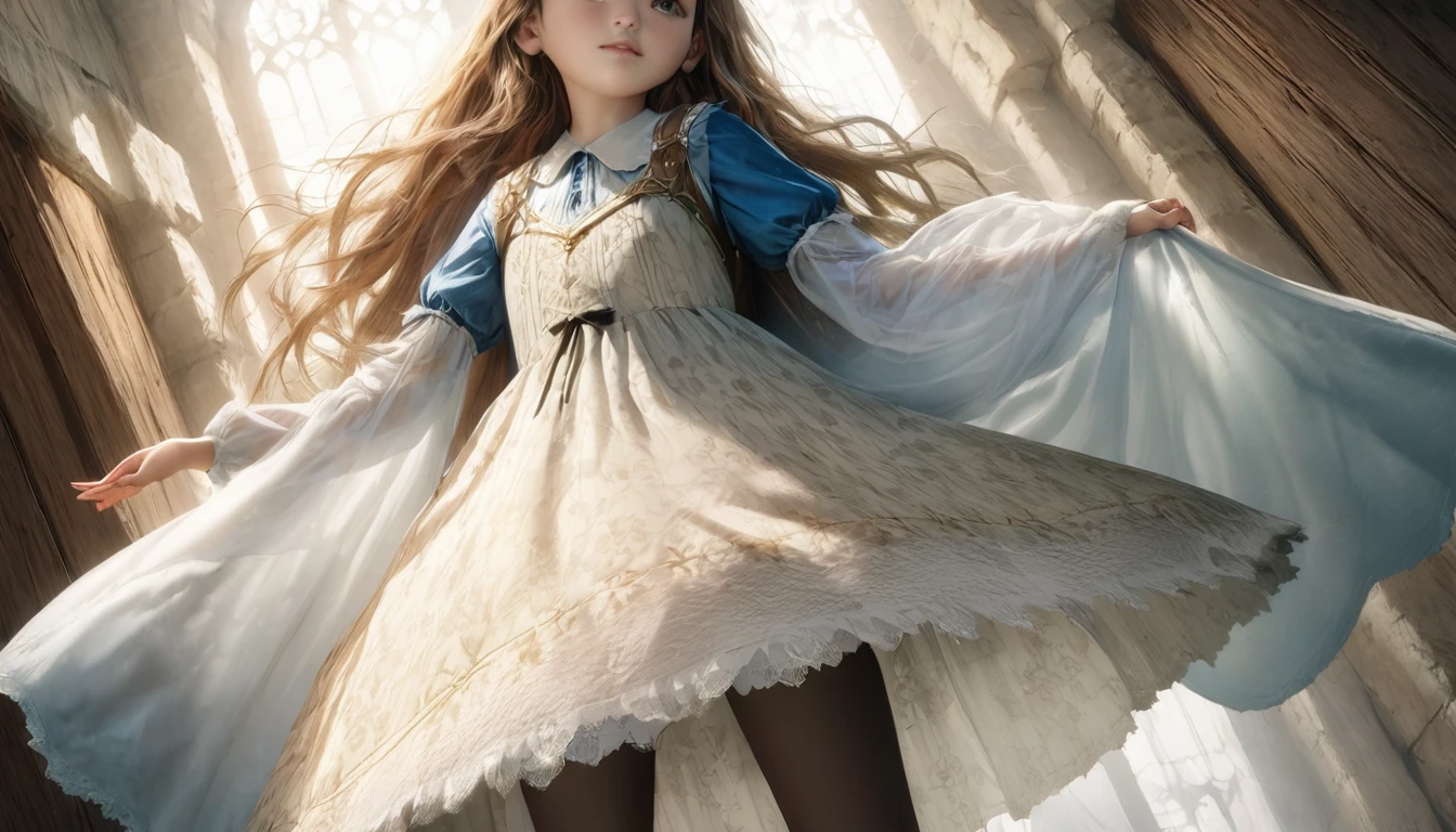 (Highly detailed CG Octane render 8k wallpaper), 8 year old girl underwear, Realistic panties made of patterned cotton fabric, Medieval long dress with panniers, Fabric Realism, Low Angle, You can see the drawer, Pull up the dress by hand, Strong winds, Translucent slip, Translucent slip, tights, highest quality, whole body, Skirt lining, Strong winds, Translucent embroidered drawers