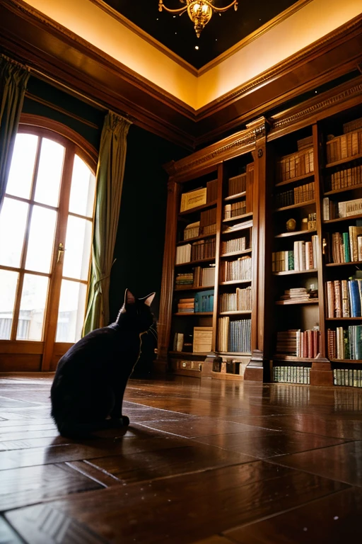 (highest quality),(masterpiece),(high resolution),Classic European style room,A lot of books and bookshelves,spiral stage,Skylight,Skylightから美しい星空が見える,constellation,Houseplants indoors,Black cat in the middle of the room,A large black cat about the height of a person is looking at me.,Odd Eye