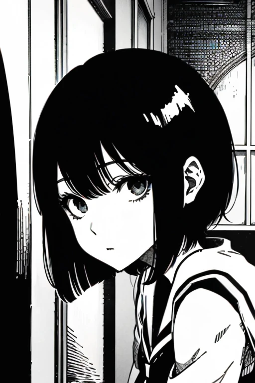 Girl with short black hair and bangs sitting in a corner with head down, full body shots, manga page with panels and dialogue 