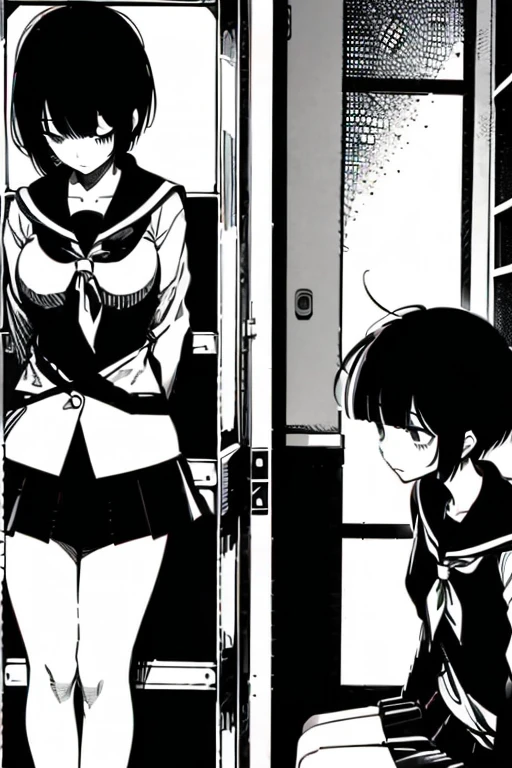 Girl with short black hair and bangs sitting in a corner with head down, full body shots, manga page with panels and dialogue