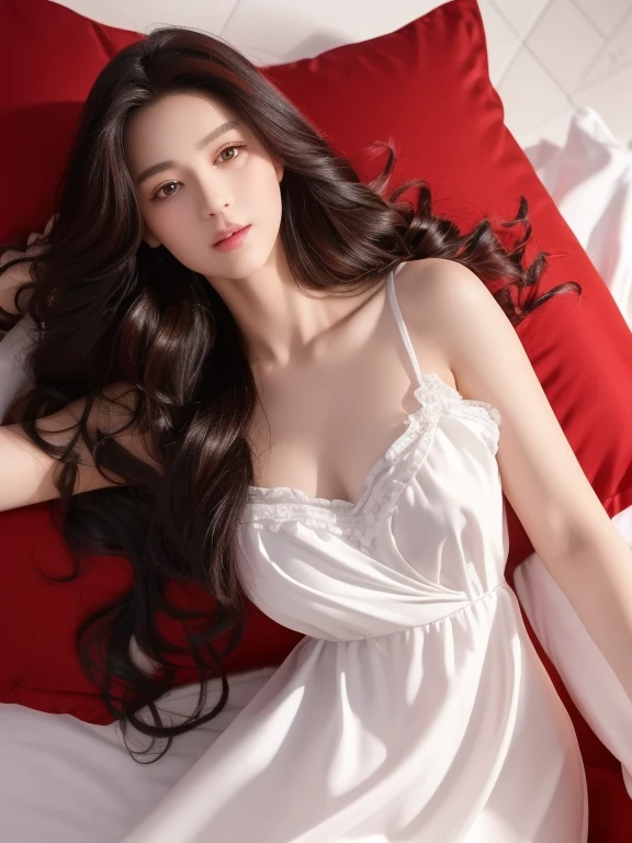 (original photo，best quality），（lifelike，Photo lifelike：1.3），best quality，Very detailed，masterpiece，Ultra Detailed，illustration，1 girl，Predominant_Body. an intimate woman, lying on RED-BED and RED-PILLOW, long wavy hair, black hair, wearing WHITE-SILK-DRESS. 