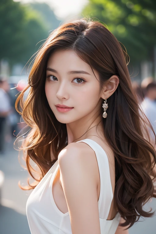 highest quality、4K、Beautiful lady、Perfect Face、Perfect Style、model、perfect body、Sunburn、beautiful lady、mature、long curly layer brown hair、Swept-back hair、full body, sexy 、charming、healthy、drive、hydrangea