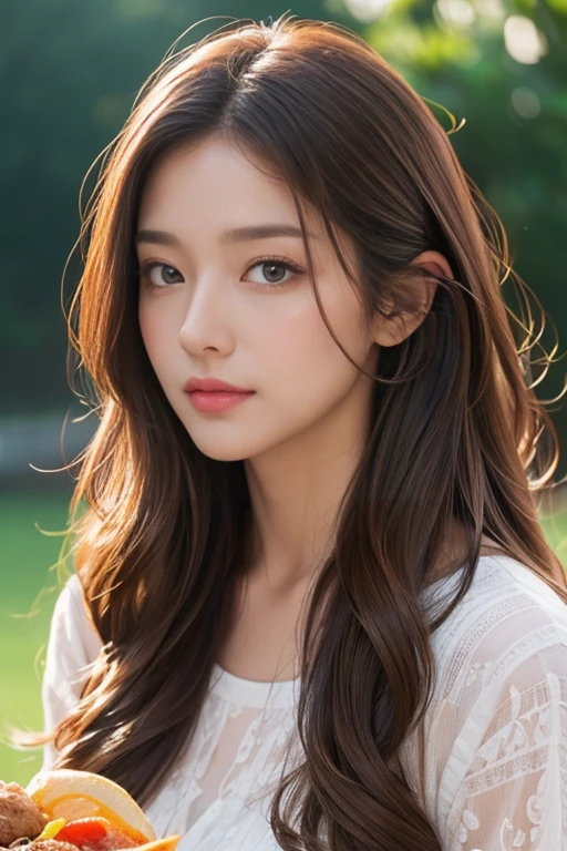highest quality、4K、Perfect Face、Perfect Style、Sunburn、beautiful、mature、long curly layer brown hair、Swept-back hair、half body, sexy 、charming、healthy、dinner