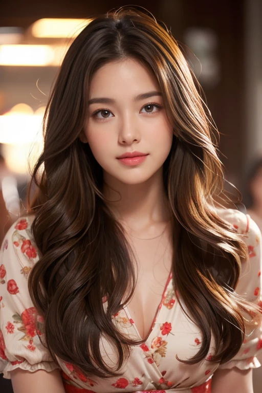 highest quality、4K、Perfect Face、Perfect Style、Sunburn、beautiful、mature、long curly layer brown hair、Swept-back hair、half body, sexy 、charming、healthy、dinner