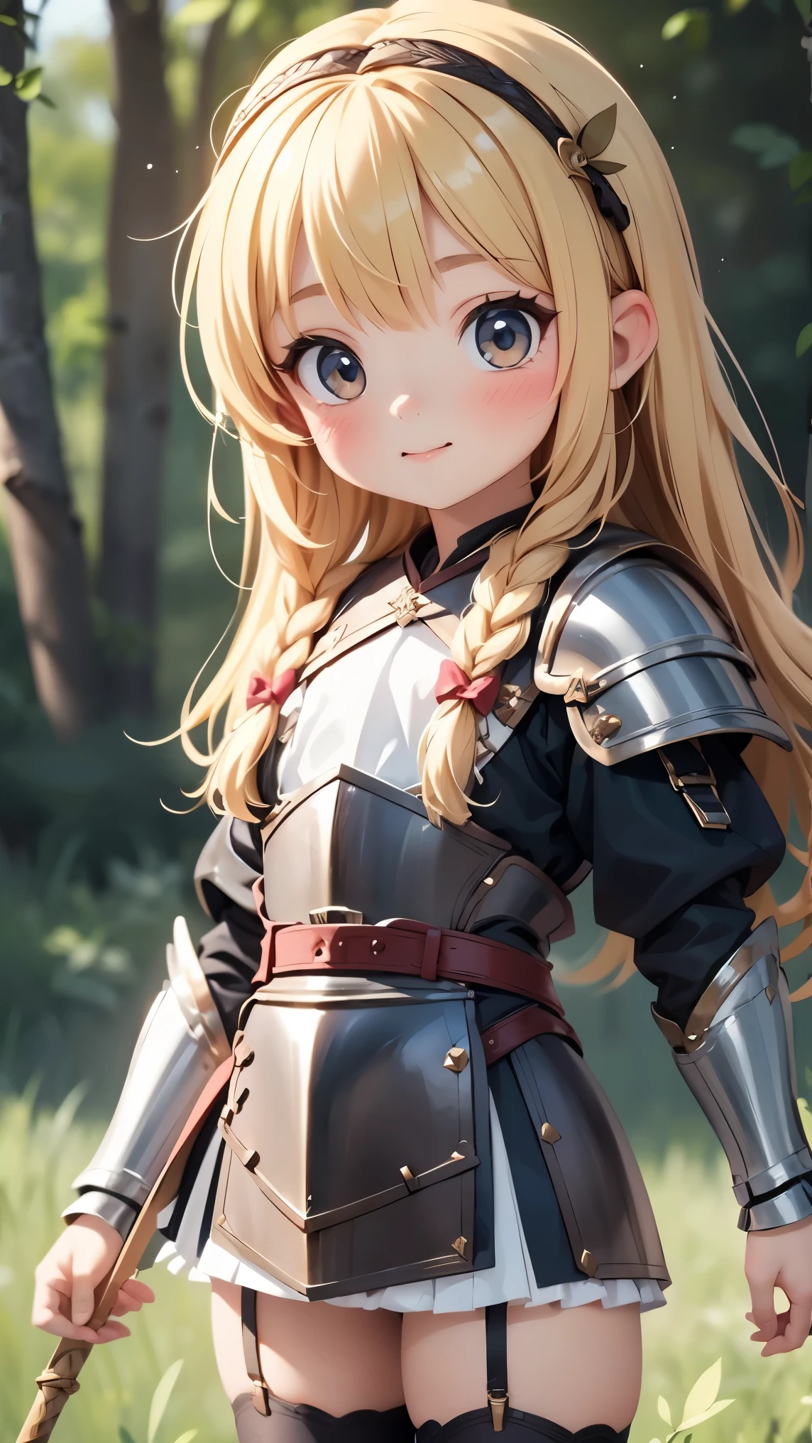 Surreal girl,8 -old,ry short stature,Long blond hair,Bangs are braided,Medieval knight armor,Spear,flat chest , Skin,Garter stockings face,Sexy,Dungeons ,