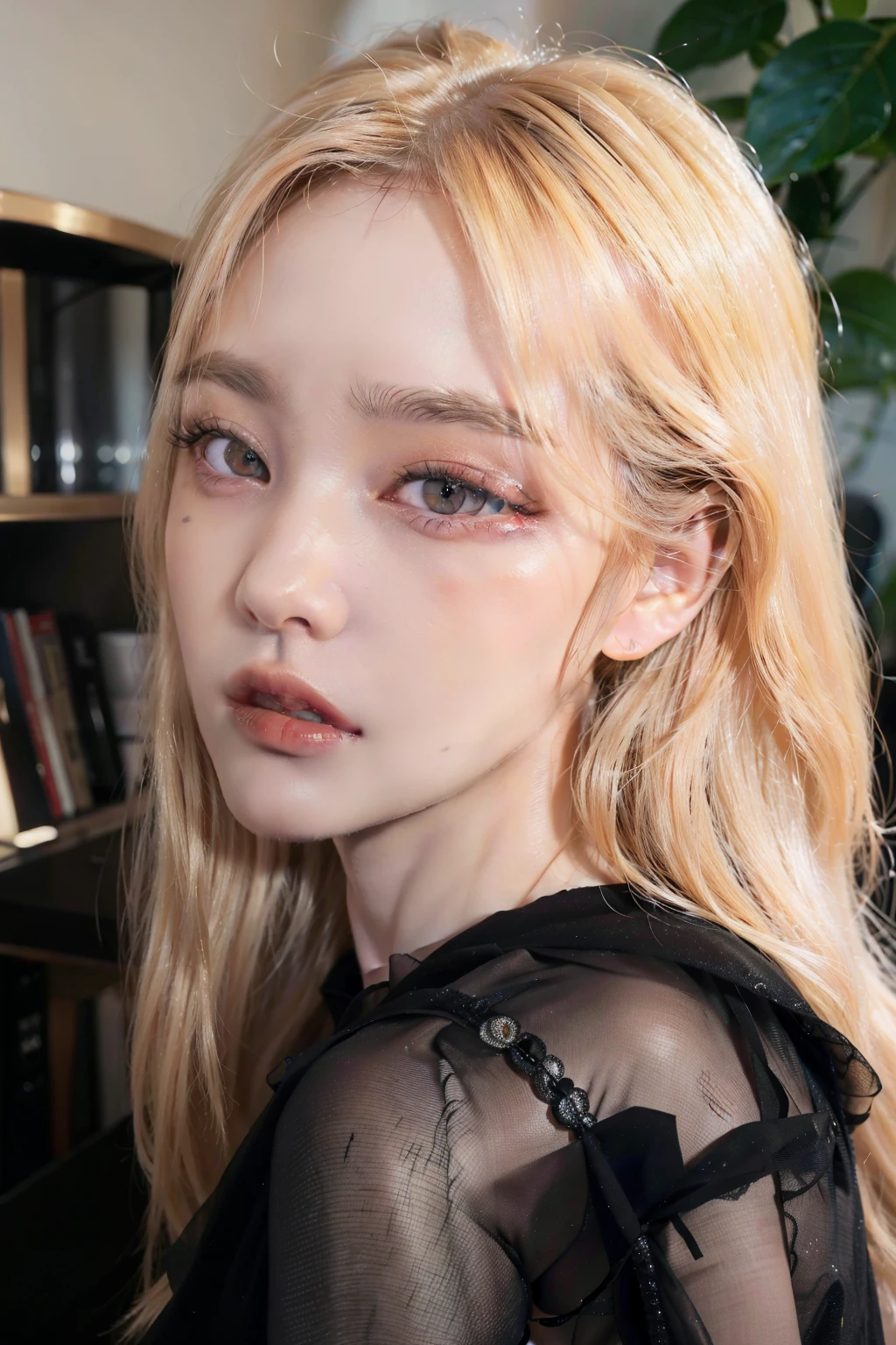 (8K、4K、Best image quality、highest resolution、Ultra A high resolution:1.1)、(masterpiece、realistic、realistic:1.1)、1 girl、faces、closeup、blonde hair、black eye、red lips、(look at the viewers:2)、ridiculously long hair、long eyelashes、eye shadow、small face、big eyes、
high contrast、