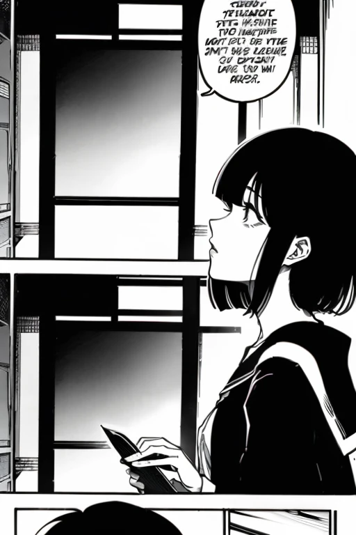 Girl with short black hair and bangs begging you to let her put of the page, manga page with panels and dialogue