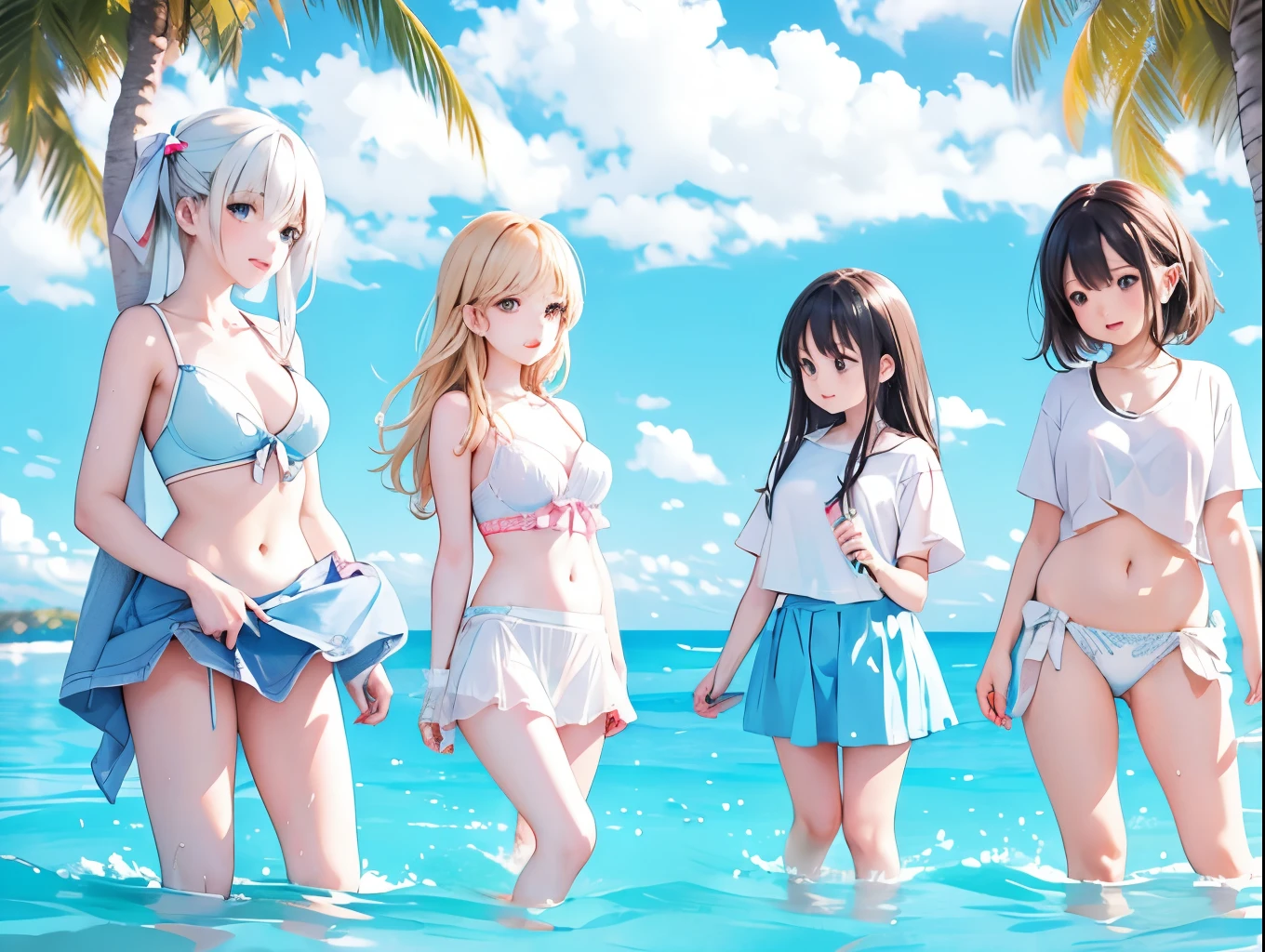 Four sisters with big breasts wearing cute underwear and cute bras、Cute underwear visible when light blue skirt is lifted、A bra clinging to a plain, soaked white T-shirt、Soaking wet T-shirt、White and light blue checked bra、White underwear with cute ribbon、Sandy beach, calm and clear sea and blue sky、barefoot