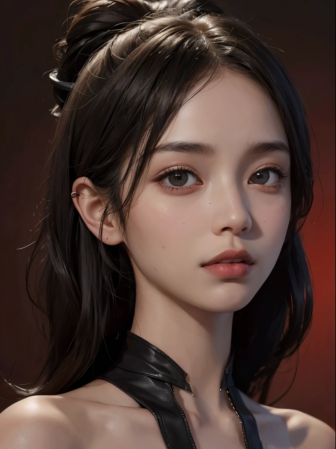 a 20 yo woman,bob hair, 1 horn on left fore head, dark theme, soothing tones, muted colors, high contrast, (natural skin texture, hyperrealism, soft light, sharp),red background,simple background,