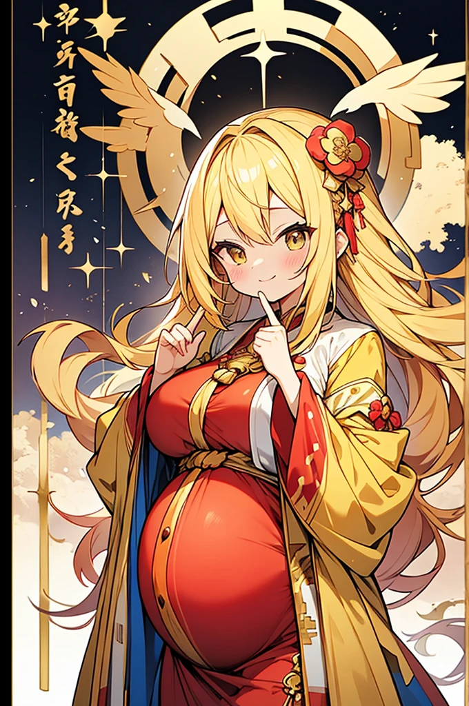 anime style Images for all ages,
golden pregnant girl wearing smock,
Auspicious and congratulatory color costumes, congratulations on pregnancy!