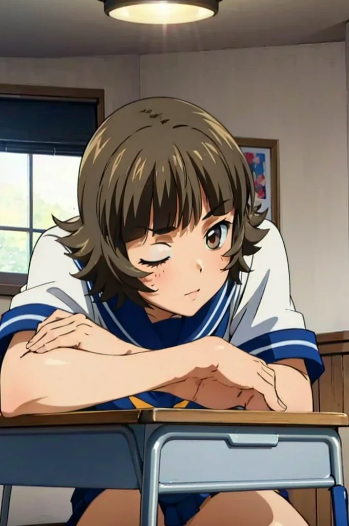 (masterpiece:1.3),(highest quality:1.4),(Super detailed:1.5),8K,High resolution,an extremely delicate and beautiful,Official Art,Perfect Anatomy,(anime_screencap:1.11),(90s Anime,90s Anime style,Cel-shaded anime:1.17),
anime coloring,detailed face and eyes, (solo:1.5),(anmnr:1.1),((ekitokuwz:1.52)),(school uniform:1.3),serafuku,short brown hair,  pleated skirt, blue skirt, brown eyes, yellow neckerchief, short sleeves, japanese architecture, 
(Close your eyes),((Sleeping at a school desk)),(In the classroom), after that, During your lunch break,((Anime Style)), (Cinema Lighting), (Ray Tracing), ((reflected light)), ((Side Shot)), Atmospheric perspective, masterpiece, Accurate, ((最high quality)), high quality, Super detailed, Attention to detail, Anatomically correct, High resolution, 1080p,