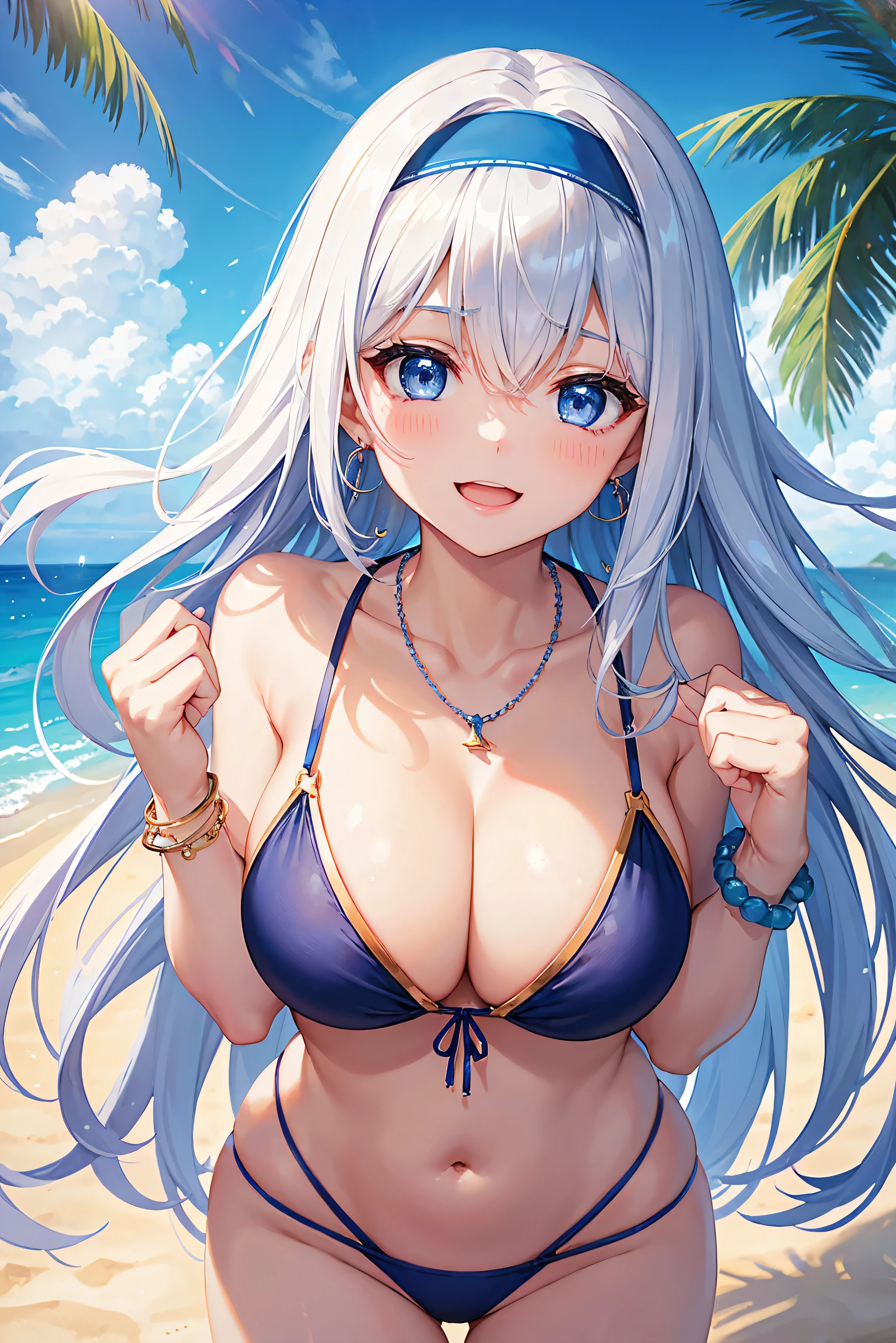 highest quality、highest quality、masterpiece、beautiful girl、Navy blue long hair、blue eyes、Sexy white bikini、Big cleavage、(Big Breasts),smile、blue necklace、Blue Earrings、background(Beach)、Please open your mouth wide、White headband、bracelet、A dynamic pose