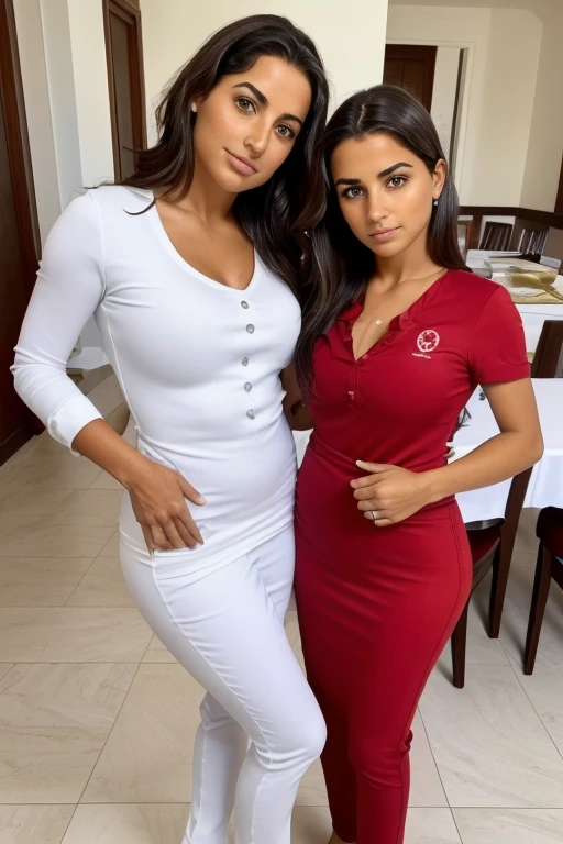 Dos mujeres, madre e hija, (((escote))), de pie, ((clean skin)), 40 year old mother and 20 year old daughter, grande, (escote), pecas, cabello corto, rubio, Taza buena, (((front view))), ((((full body)))), ((serious face)), ((pechos redondos)), (pechos caidos), ((dinning room))