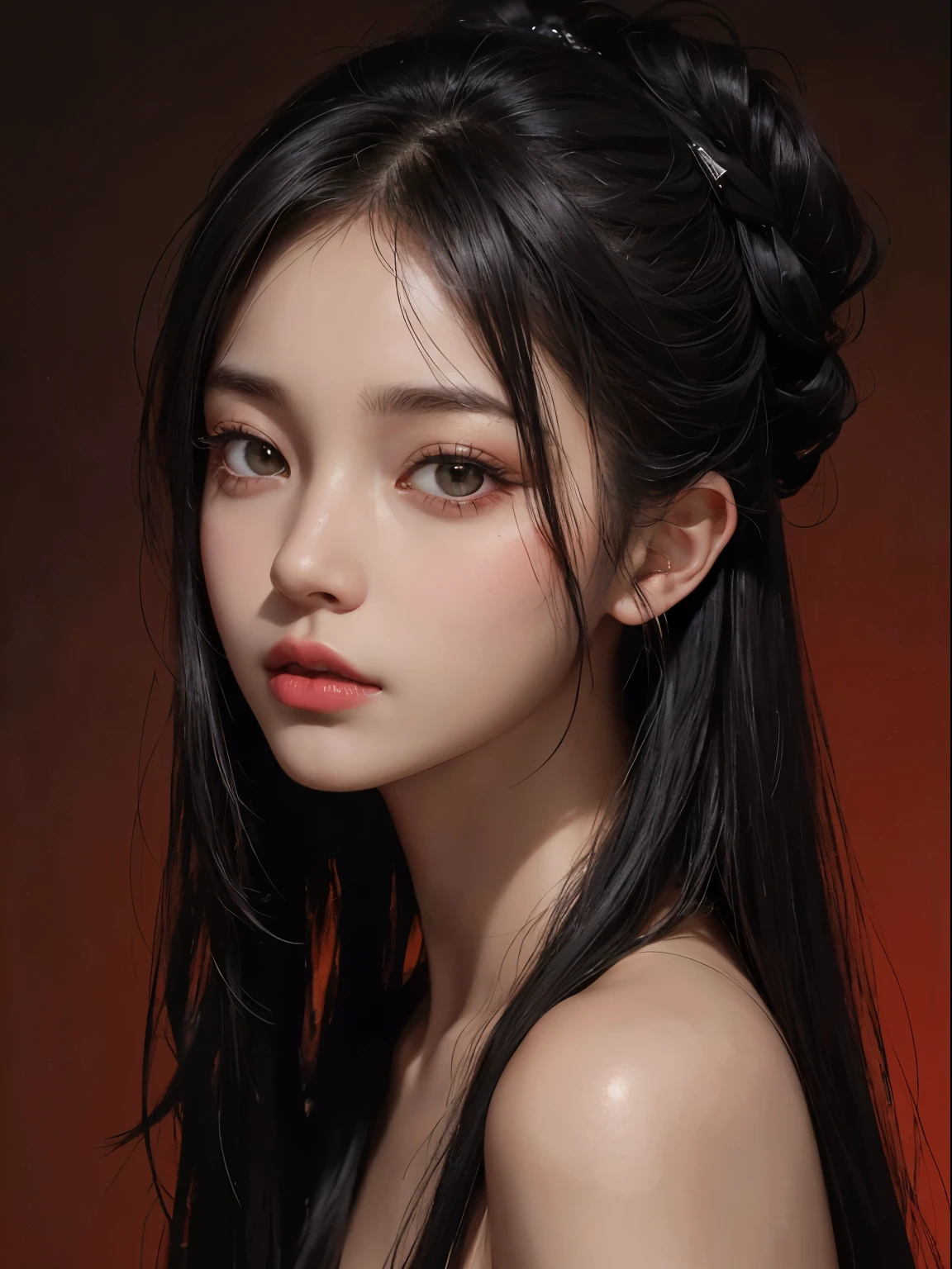 a 20 yo woman,bob hair, 1 horn on left fore head, dark theme, soothing tones, muted colors, high contrast, (natural skin texture, hyperrealism, soft light, sharp),red background,simple background,