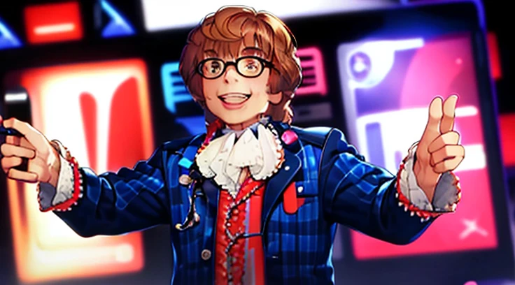 Austin Powers holding Samsung Galaxy Phone run inside Studio 