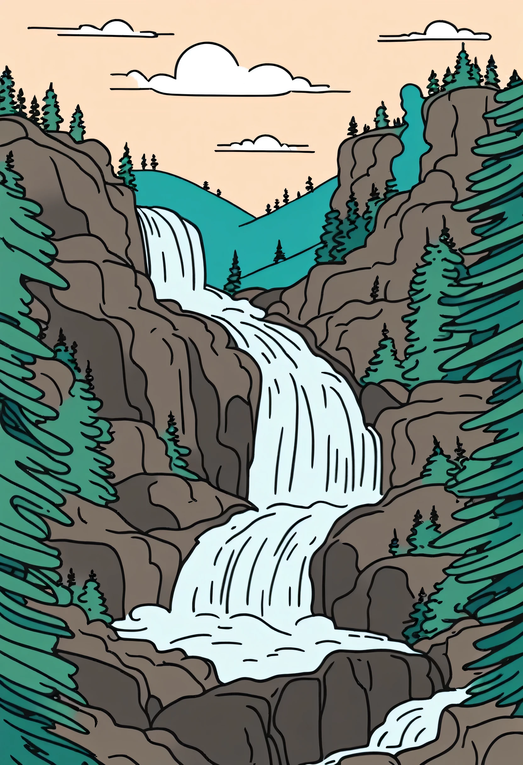 /Imagine Prompt: Waterfall illustration for banner on white background, bold outline style, irregular, Trashcore, light shading