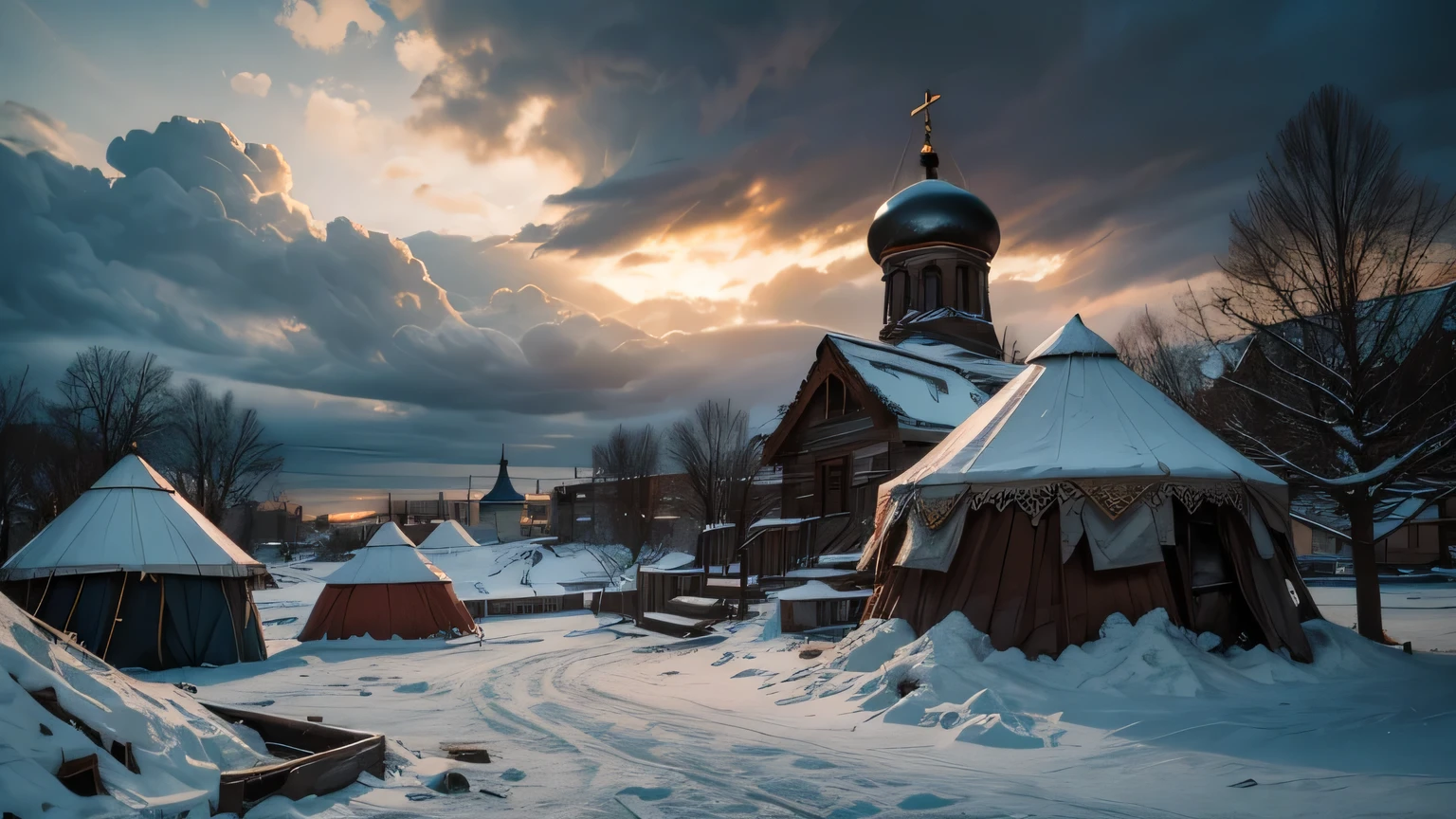 Dramatic lighting, chiaroscuro, post-apocalyptic, view from ground level, ruined Russian city, identical yurts built on plaza beside Orthodox church, lifeless, wrecked 18th century tallshipin the distance, deep snow, mangled wreckage, snow, ice, stormy sky at dusk 
