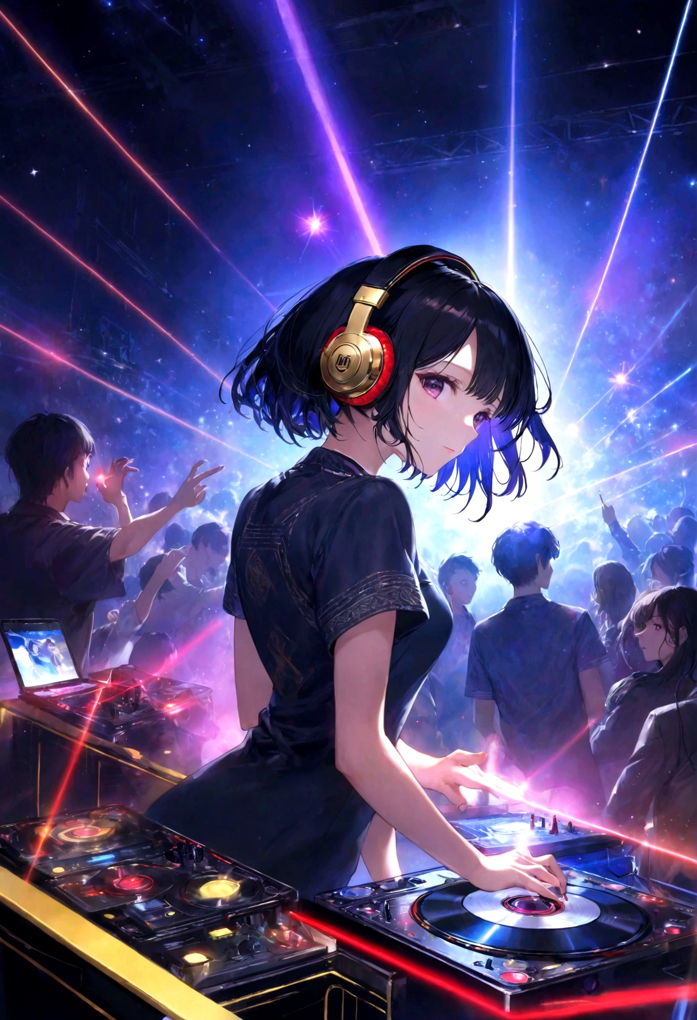 ,Put on your headphones,(Black Hair Girl),,DJ,DJ Booth、Riding the music、club、((Night Live House、Red laser light、Blue laser light、random laser point、Virtual space、Golden laser beam、Purple laser light、DJ、Live Stage))