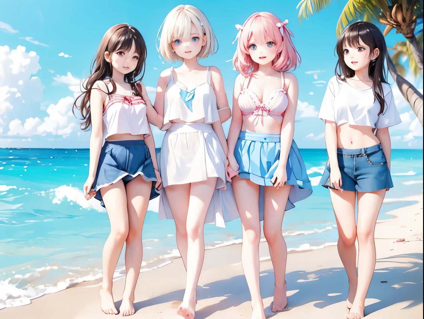 Four sisters with big breasts wearing cute underwear and cute bras、Cute underwear visible when light blue skirt is lifted、A bra clinging to a plain, soaked white T-shirt、Soaking wet T-shirt、White and light blue checked bra、White underwear with cute ribbon、Sandy beach, calm and clear sea and blue sky、barefoot