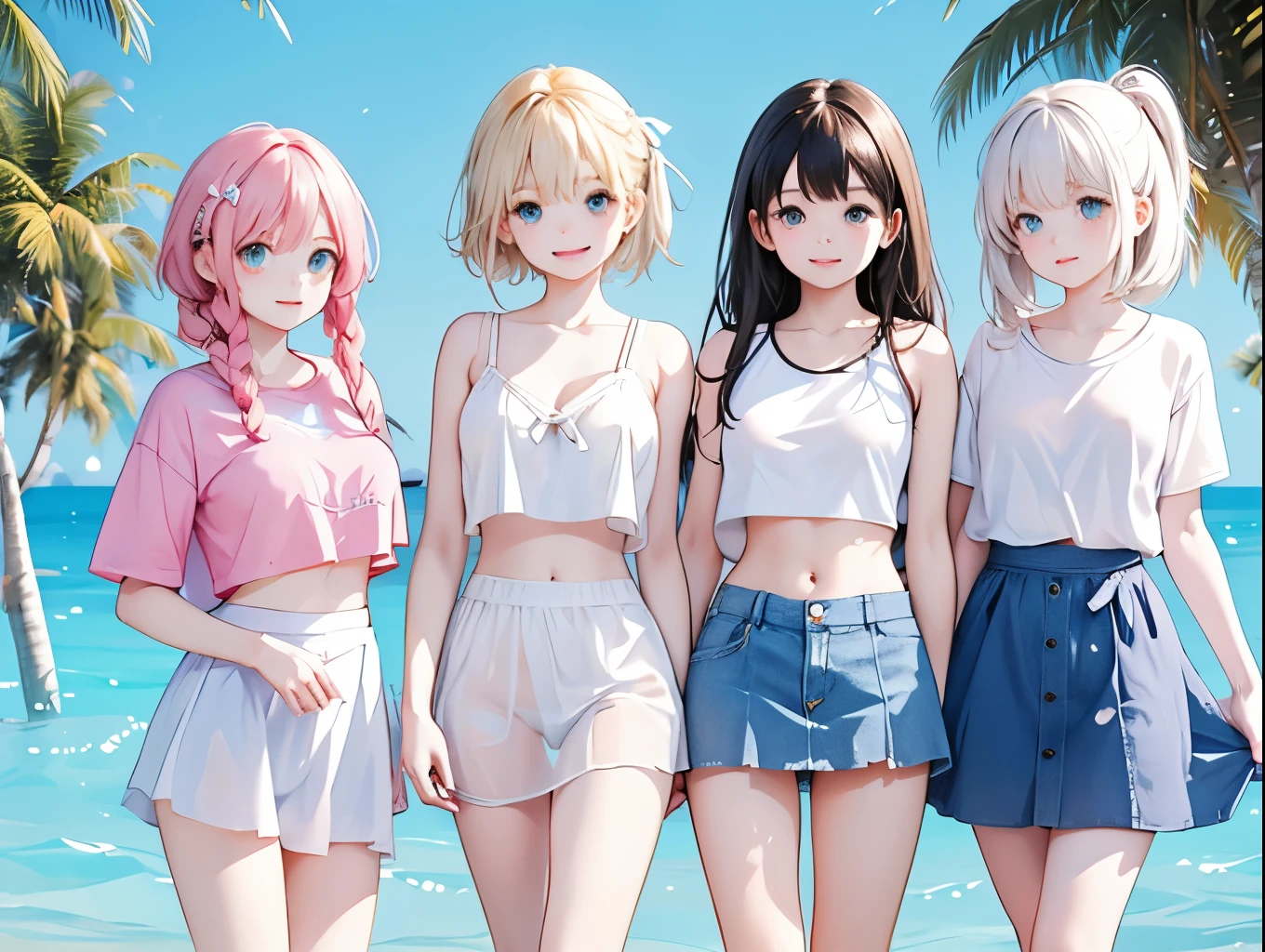 Four sisters with big breasts wearing cute underwear and cute bras、Cute underwear visible when light blue skirt is lifted、A bra clinging to a plain, soaked white T-shirt、Soaking wet T-shirt、White and light blue checked bra、White underwear with cute ribbon、Sandy beach, calm and clear sea and blue sky、barefoot