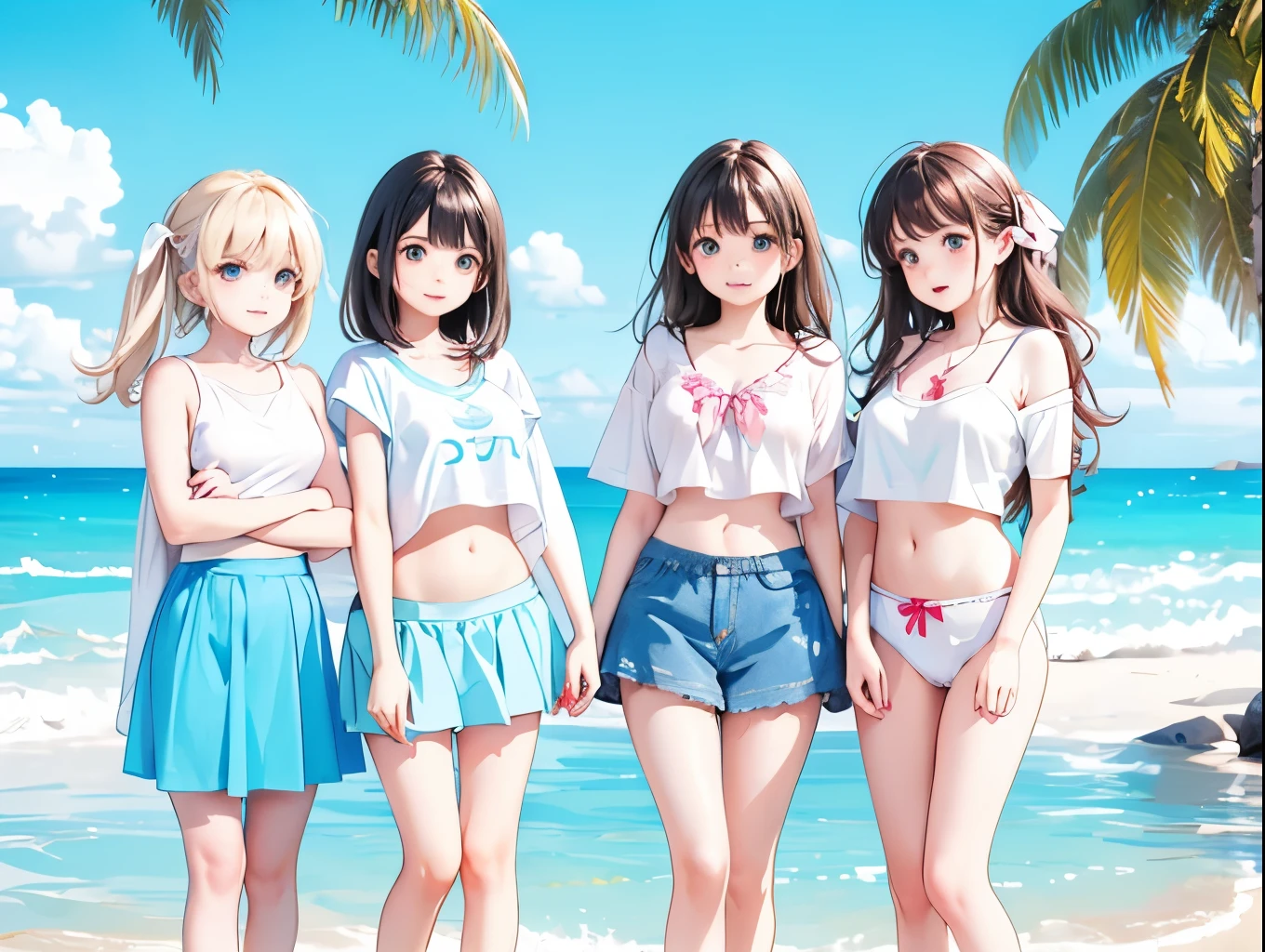 Four sisters with big breasts wearing cute underwear and cute bras、Cute underwear visible when light blue skirt is lifted、A bra clinging to a plain, soaked white T-shirt、Soaking wet T-shirt、White and light blue checked bra、White underwear with cute ribbon、Sandy beach, calm and clear sea and blue sky、barefoot