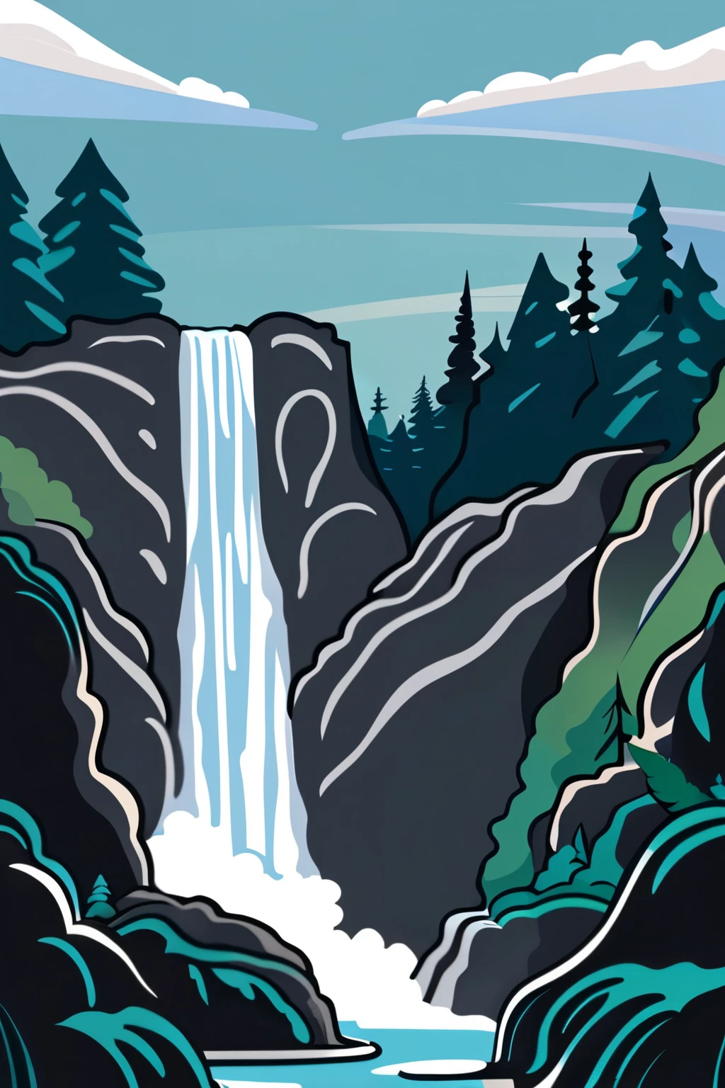 /Imagine Prompt: Waterfall illustration for banner on white background, bold outline style, irregular, Trashcore, light shading