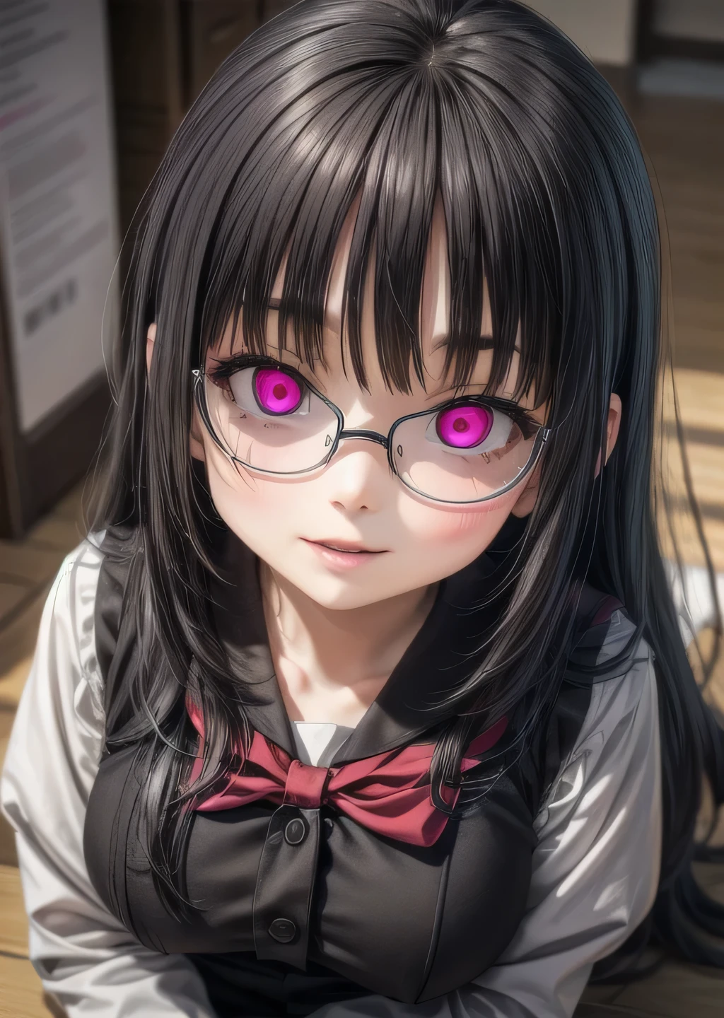  (highest quality:1.4), (High resolution:1.2), Sharp contours, Long Hair, highest quality, masterpiece,Glasses,Voice of the Heart,yandere,Full Body Shot,20-year-old woman,yandere,Big Breasts,Ecstasy,saliva,blush,Squint your eyes,Heterochromia iridis,Tuck up your clothes,zettai ryouiki