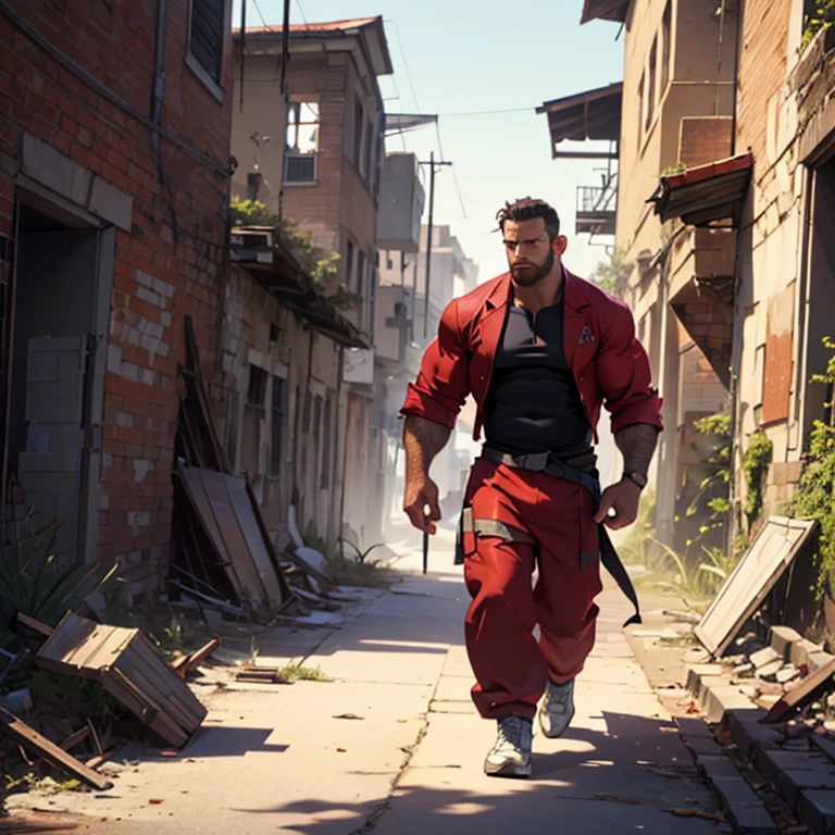 A burly muscular and hairy man, wearing an open buttonless cloth, a red cloth at his waist, silk pants, walking among the ruins of an old building, a long cloth left in the wind