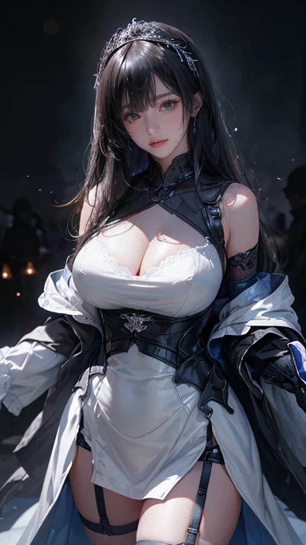 masterpiece, highest quality, Very detailed, To the camera, 複雑に詳細なVery detailed, Realistic, Sharp features, Very detailed, Sharp focus, Perfect Face, Perfect Face, Perfect symmetry and perfect eyes, Perfect Plump Lips, Flexible female form, Cinematic, Film Light, Very detailed, hyper Realistic, masterpiece, Atmospheric, High resolution, Vibrant, Dynamic Studio Lighting, ((Dark Background)), The expression when enduring pleasure, Straight bangs, blue eyes,,Exposed thighs、garter belt、Sexually aroused expressions、White Wedding Dress, Standing posture, whole body, Big Breasts:1.4, Torn Costume:1.4, Exposed nipples